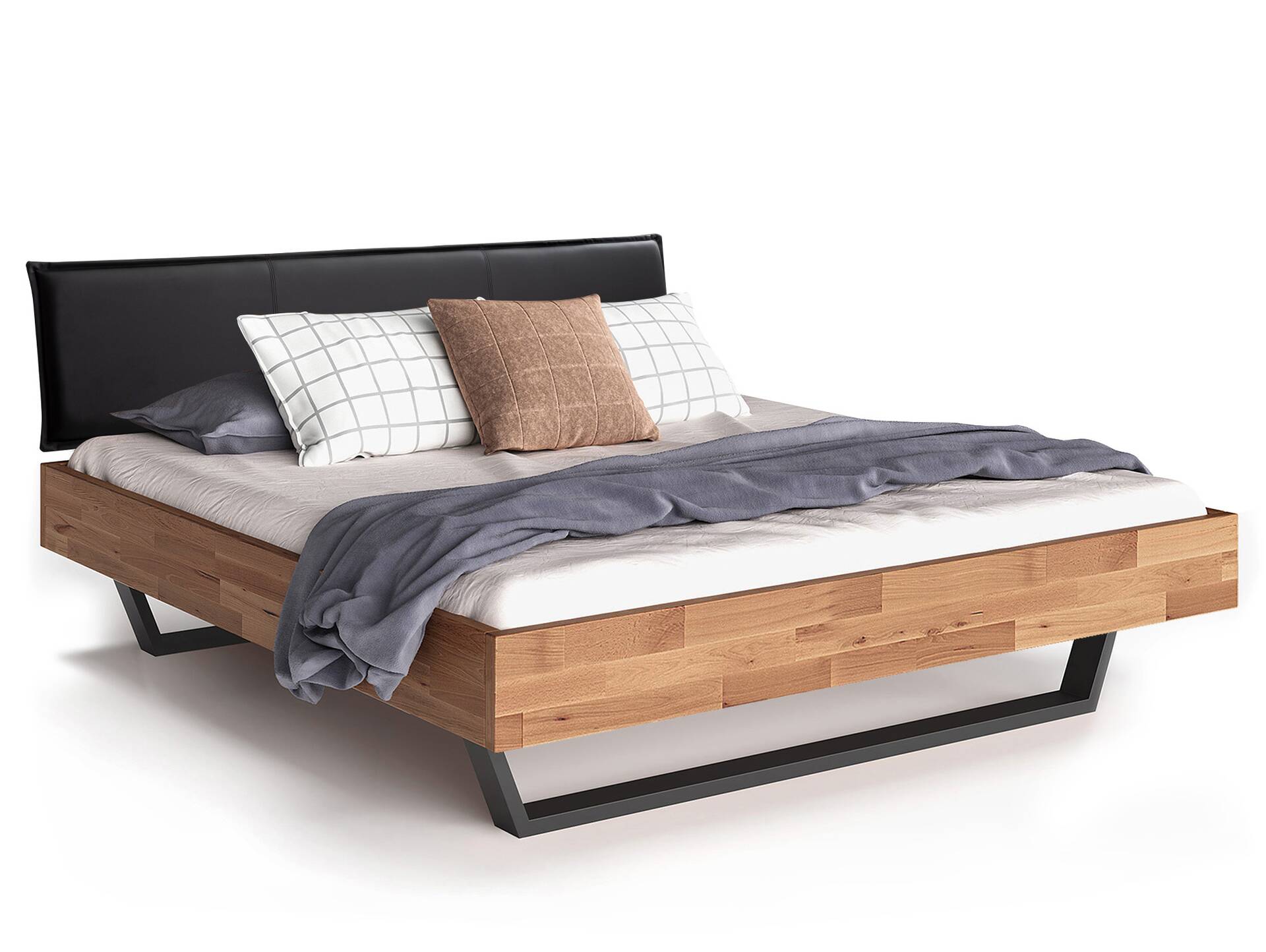LÖWEN Kufenbett mit Polsterkopfteil, Material Massivholz 120 x 200 cm | Buche unbehandelt | Kunstleder Schwarz ohne Steppung