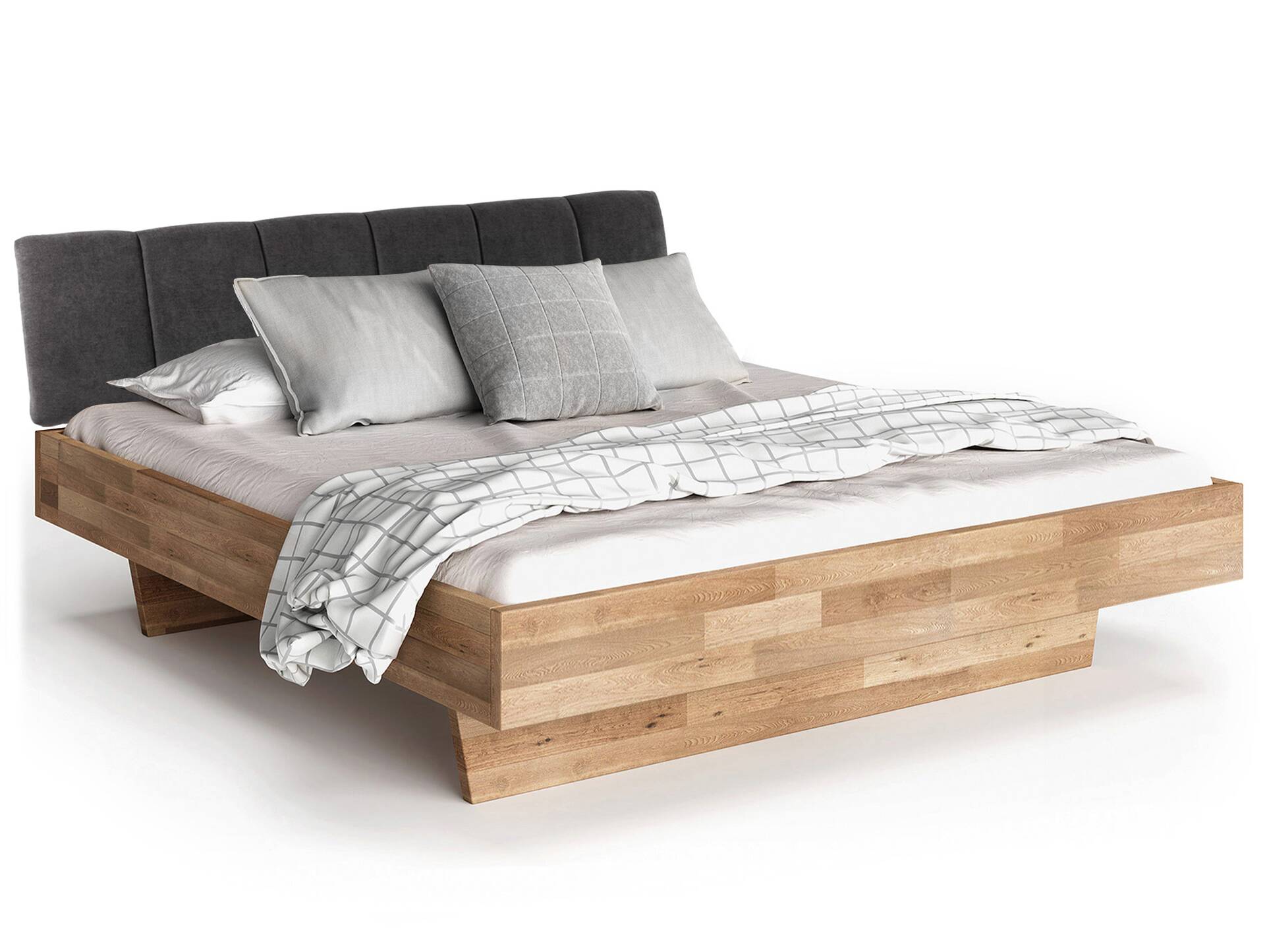 LÖWEN Wangenbett mit Polsterkopfteil, Material Massivholz 160 x 220 cm | Wildeiche unbehandelt | Stoff Anthrazit mit Steppung