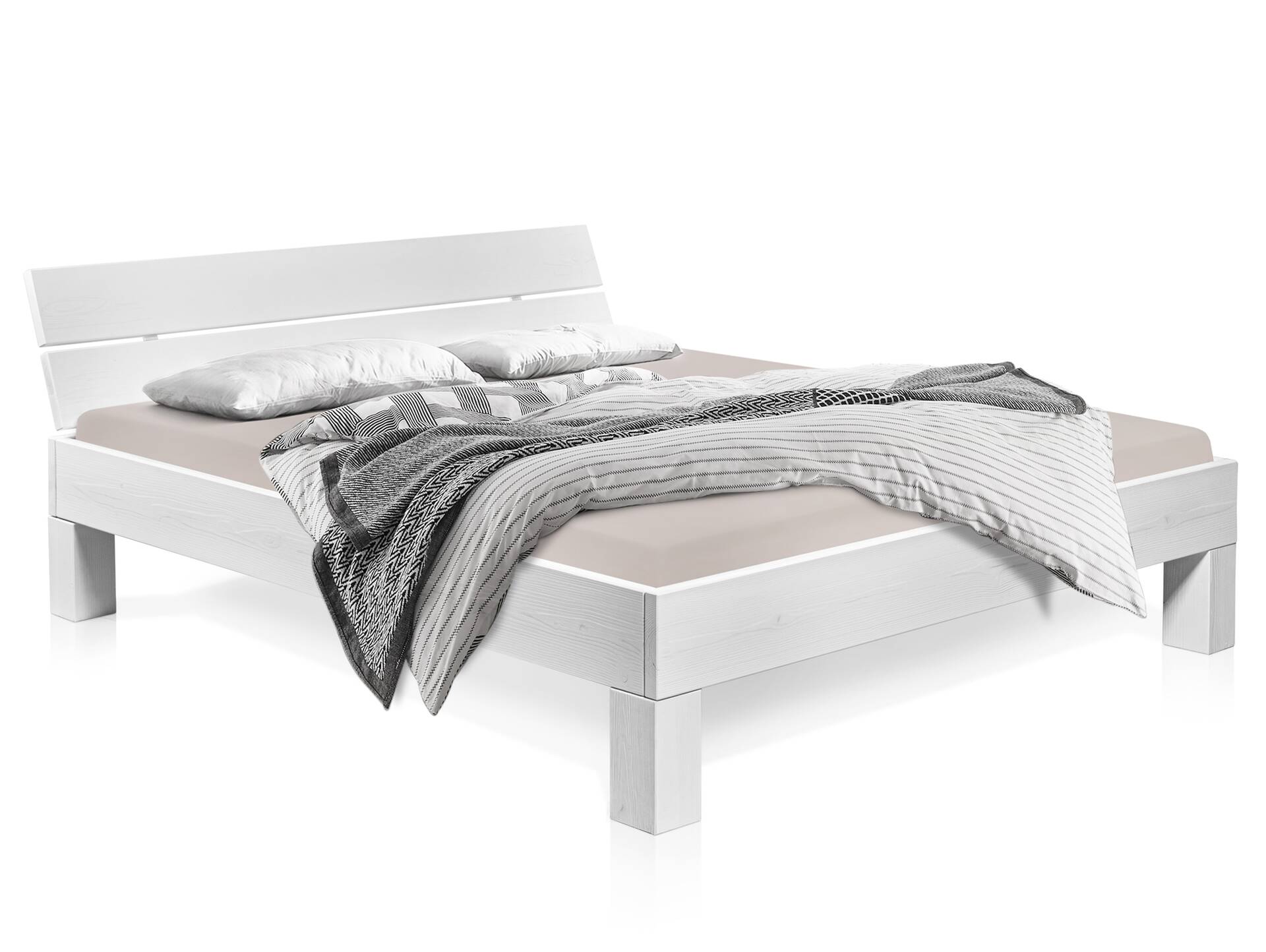 LUKY 4-Fuß-Massivholzbett mit Kopfteil, Fichte weiss 200 x 200 cm