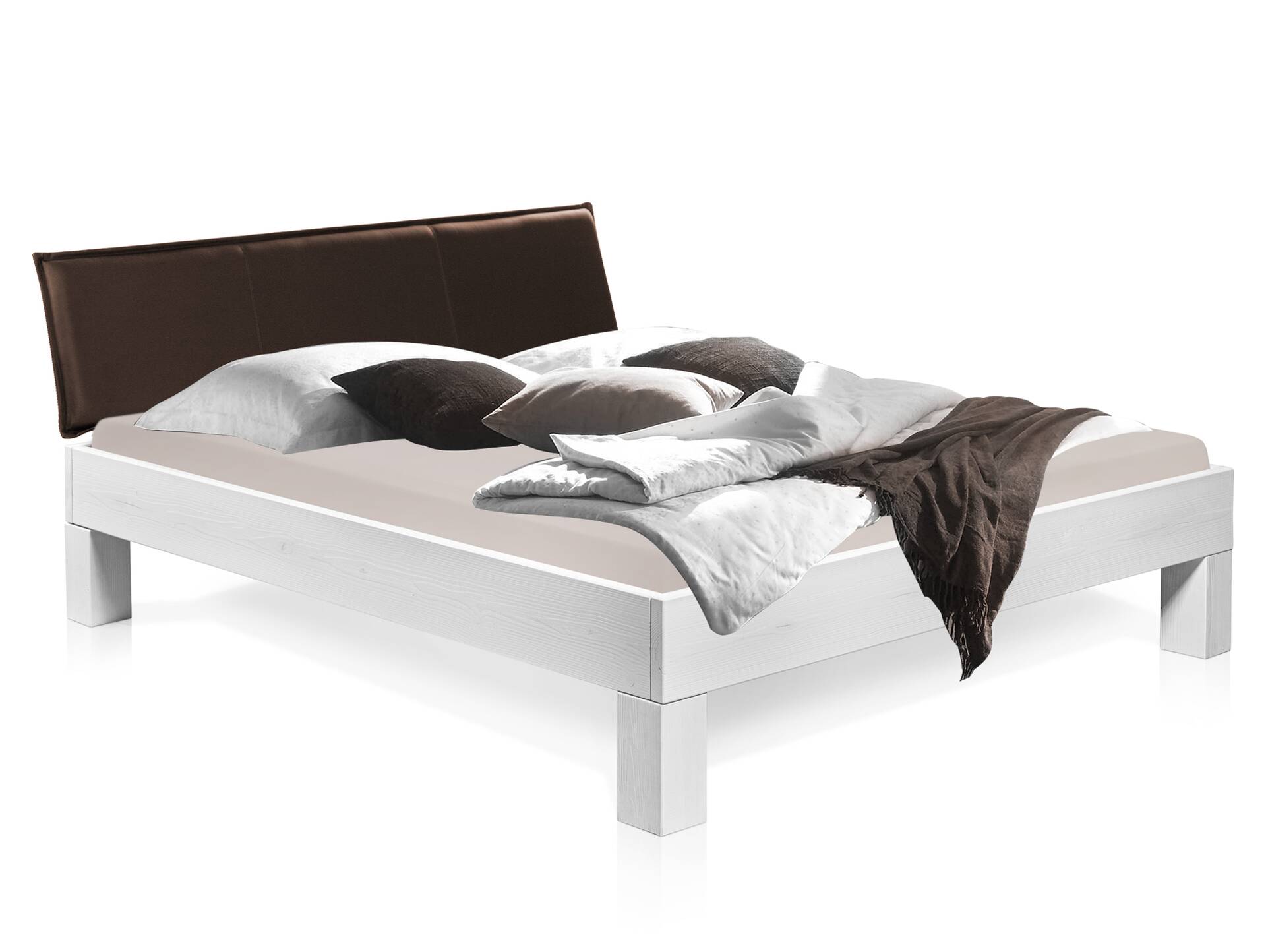 LUKY 4-Fuß-Massivholzbett mit Polsterkopfteil, Fichte weiss 140 x 220 cm | Kunstleder Braun