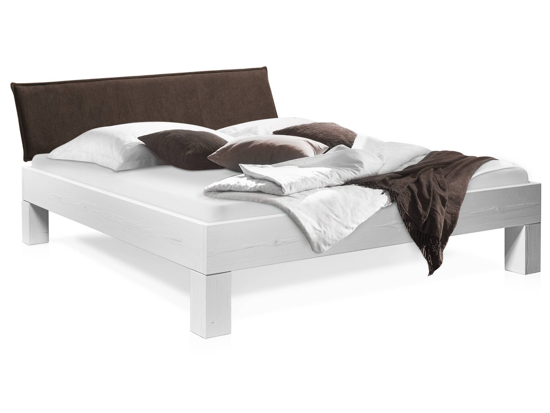 LUKY 4-Fuß-Massivholzbett mit Polsterkopfteil, Fichte weiss 90 x 200 cm | Stoff Braun