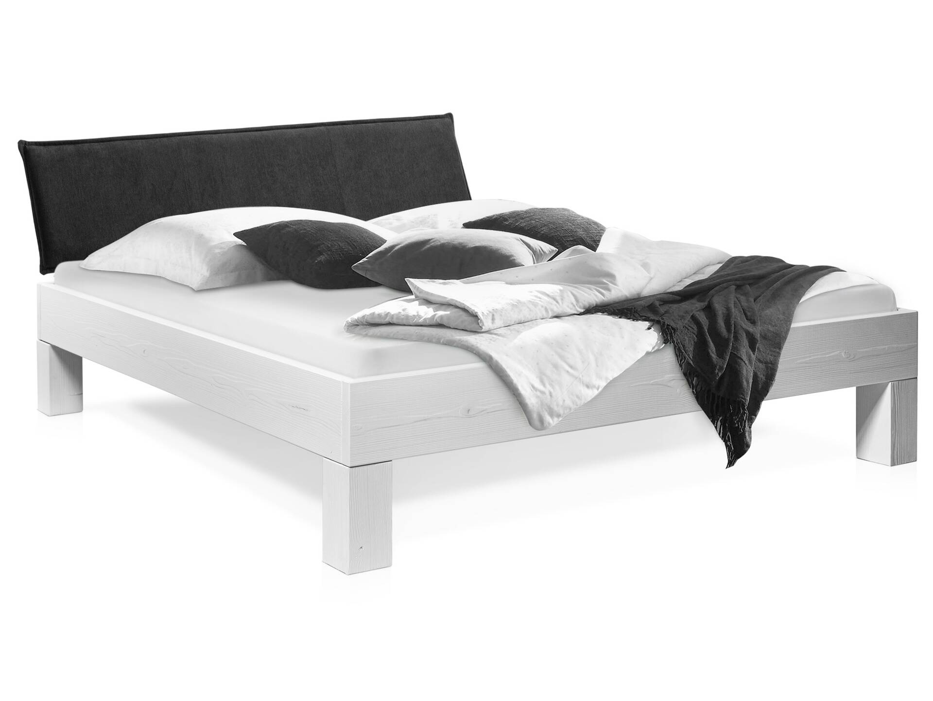 LUKY 4-Fuß-Massivholzbett mit Polsterkopfteil, Fichte weiss 120 x 200 cm | Stoff Anthrazit