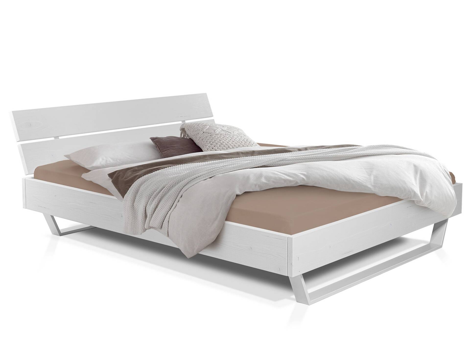 LUKY Kufenbett mit Kopfteil, Material Massivholz, Fichte/Kufen weiss 160 x 200 cm