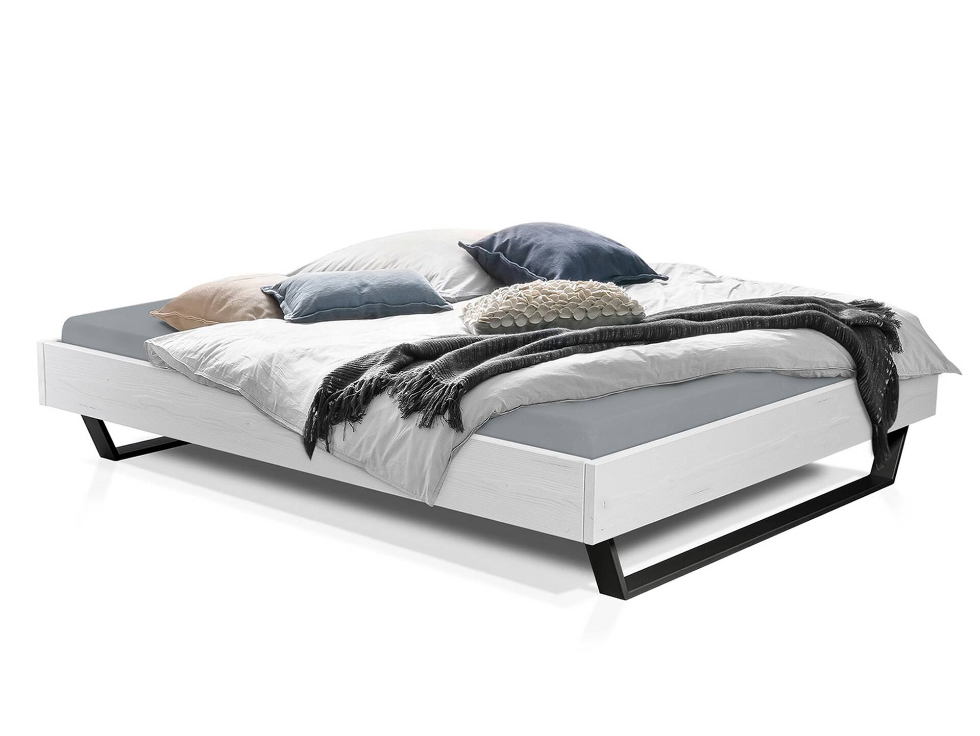 LUKY Kufenbett ohne Kopfteil, Material Massivholz, Fichte weiss/Kufen schwarz 90 x 200 cm