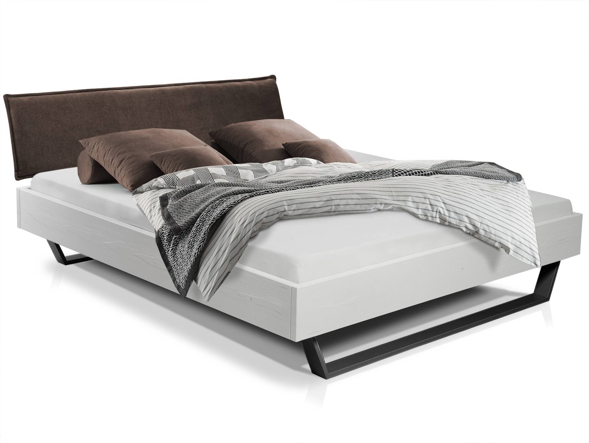 LUKY Kufenbett mit Polsterkopfteil, Material Massivholz, Fichte weiss/Kufen schwarz 120 x 200 cm | Stoff Braun