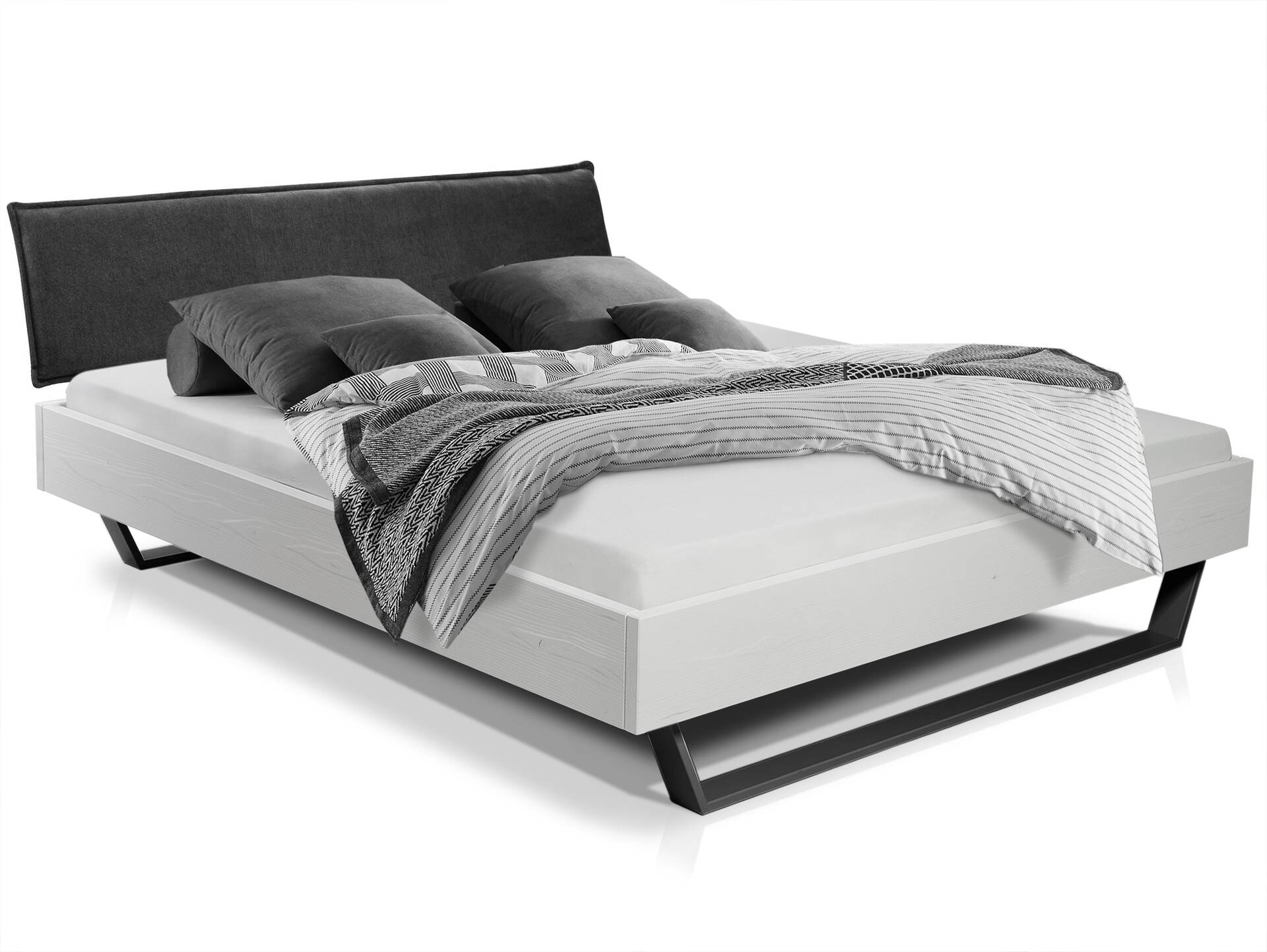 LUKY Kufenbett mit Polsterkopfteil, Material Massivholz, Fichte weiss/Kufen schwarz 140 x 200 cm | Stoff Anthrazit