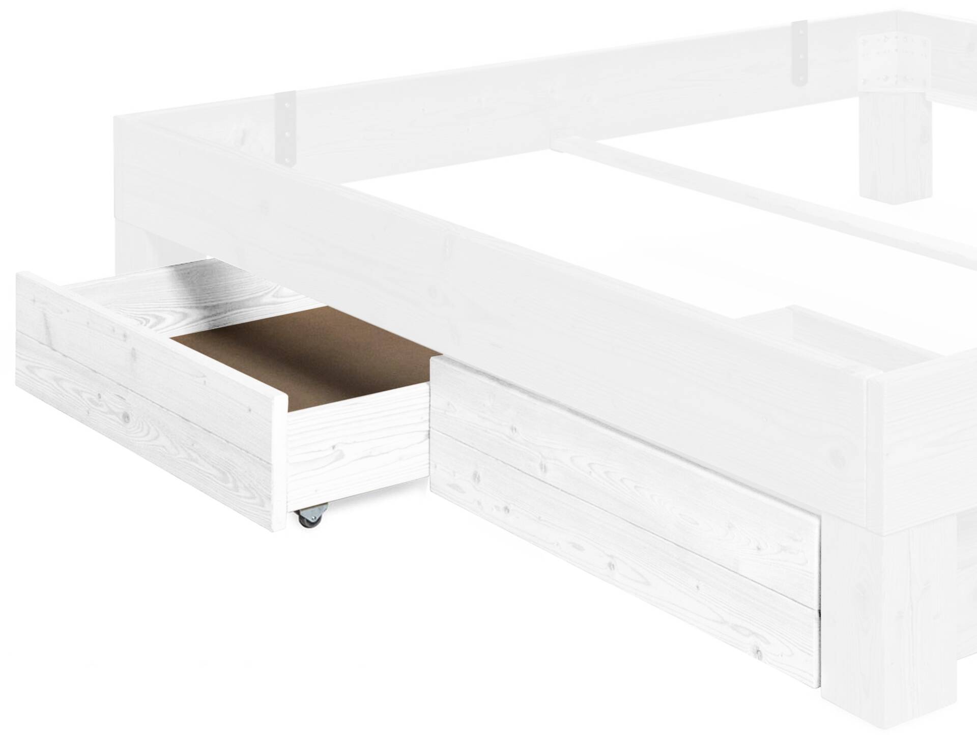 LUKY 2er Set Bettschubladen für 4-Fuß-Bett Überlänge, Material Massivholz, Fichte weiß lackiert 