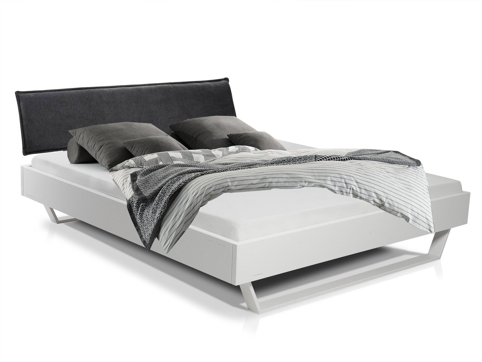 LUKY Kufenbett mit Polsterkopfteil, Material Massivholz, Fichte/Kufen weiss 120 x 200 cm | Stoff Anthrazit