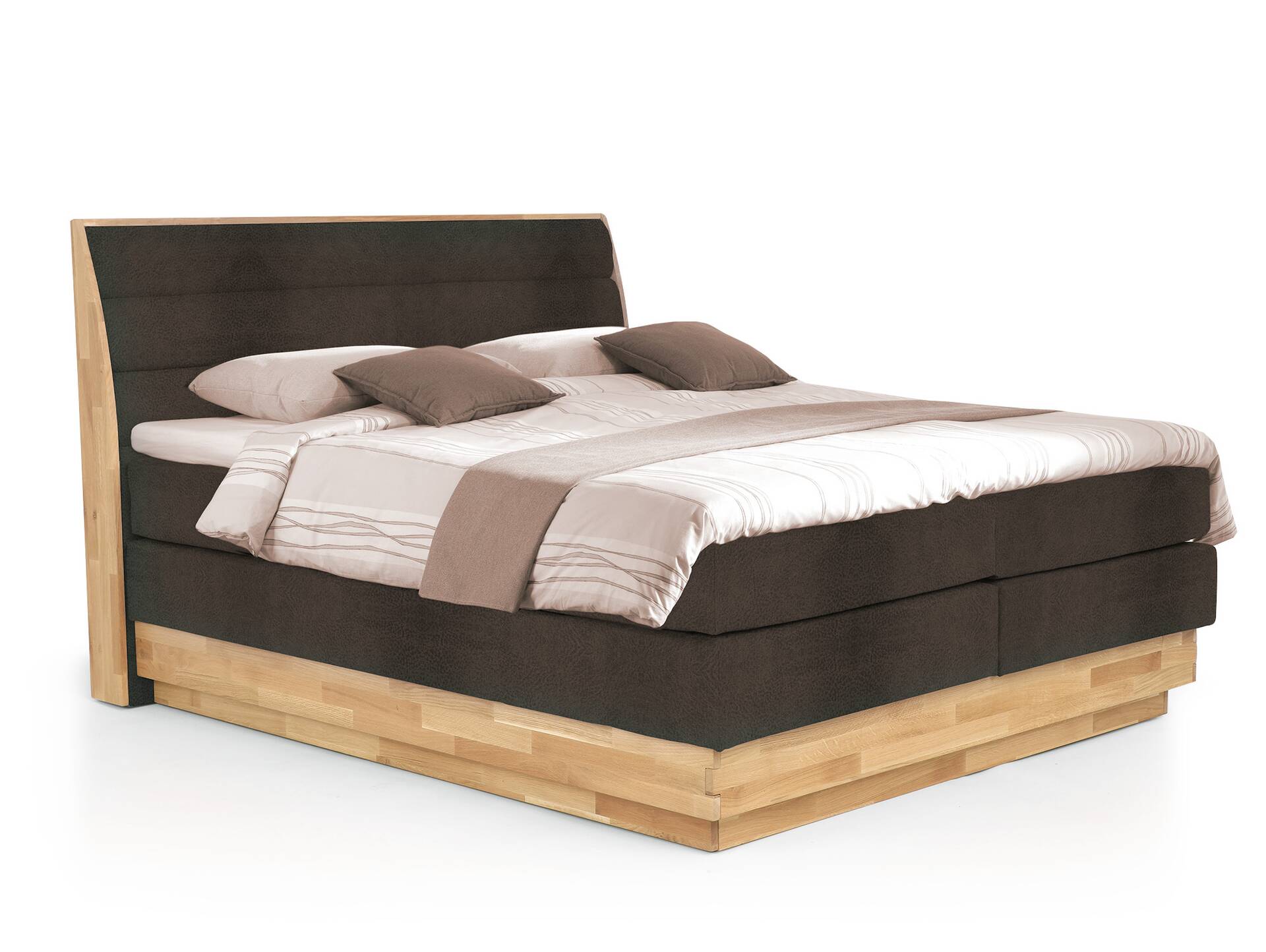 MAILO Boxspringbett mit Bettkasten, Material Massivholz Eiche/ Bezug Stoff in 2 Farben 160 x 200 cm | Braun