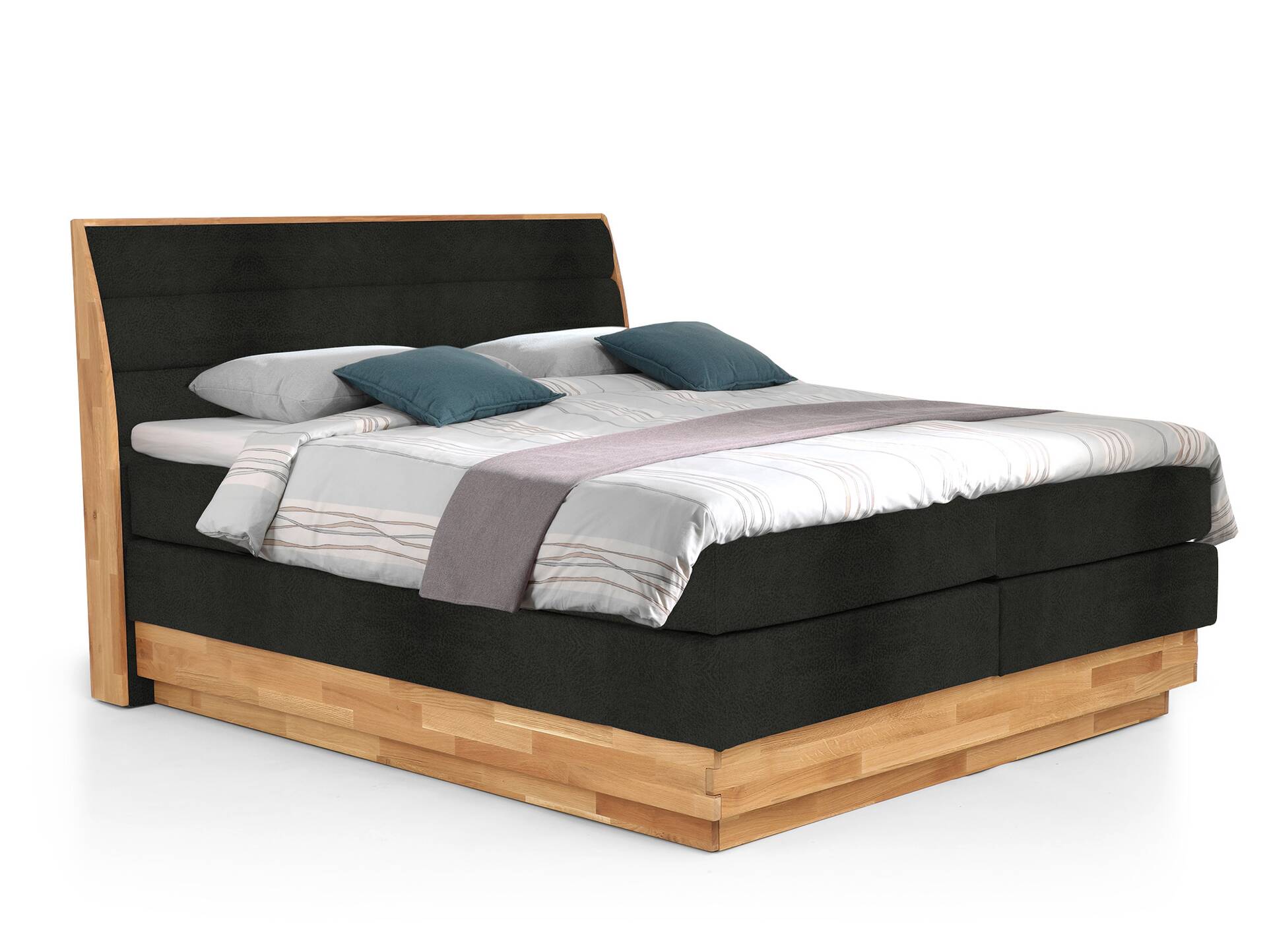MAILO Boxspringbett mit Bettkasten, Material Massivholz Eiche/ Bezug Stoff in 2 Farben 180 x 200 cm | Schwarz