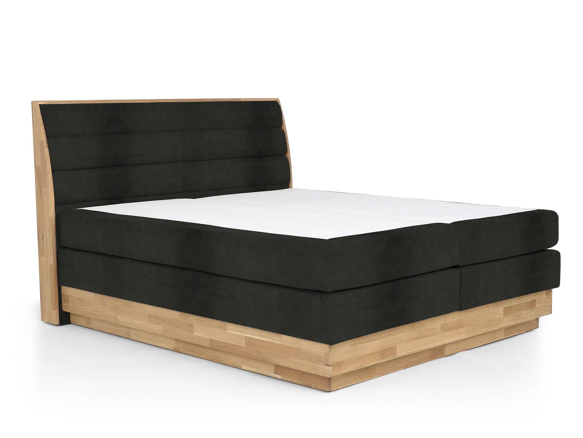 MAILO Boxspringbett mit Bettkasten, Material Massivholz Eiche/ Bezug Stoff in 2 Farben 
