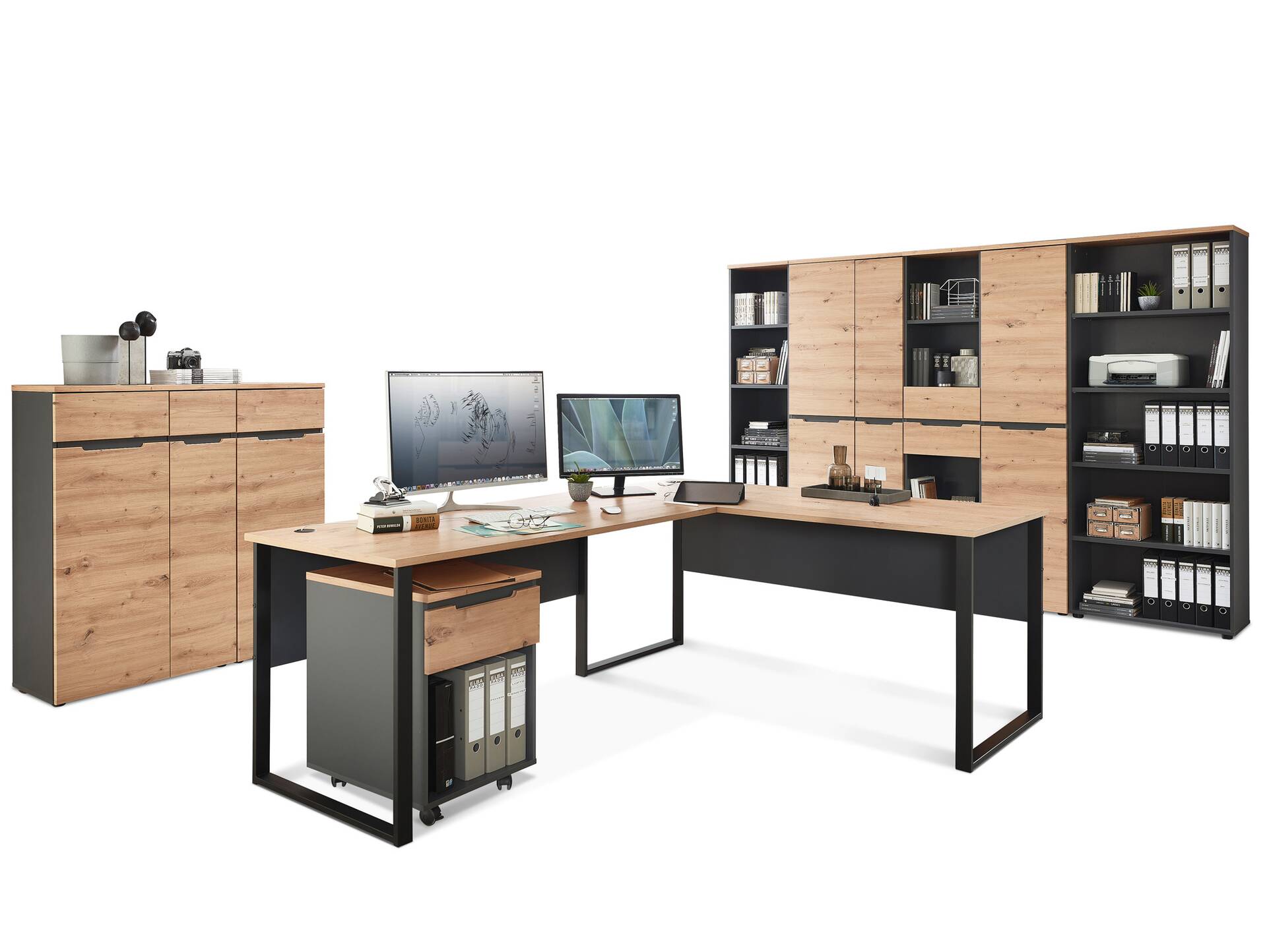 MAILAND Komplettbüro, Material Dekorspanplatte Artisan Eichefarbig / Graphit