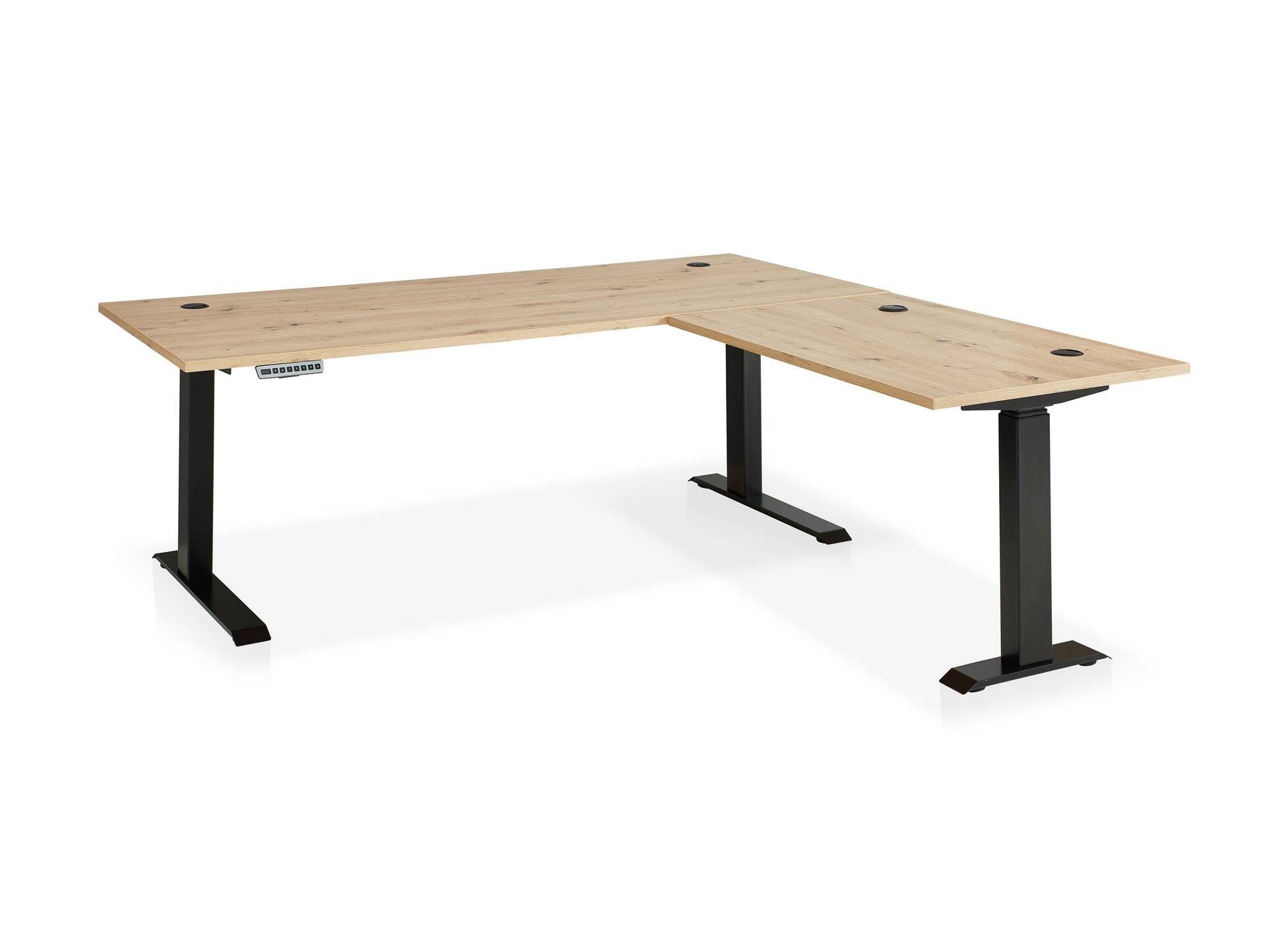 MAILAND höhenverstellbarer Eckschreibtisch, Material Dekorspanplatte, weiß/eichefarbig graphit/eichefarbig