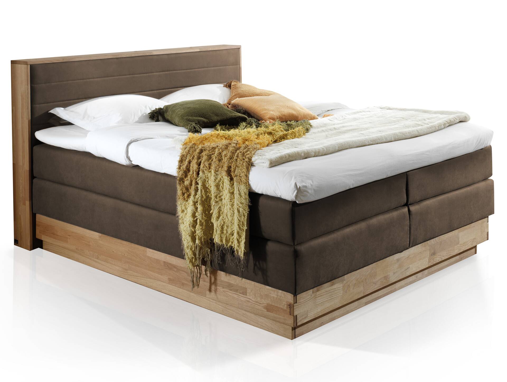 MENOTA Boxspringbett mit Bettkasten, massivem Holzrahmen und Bezug im Vintage Look 160 x 200 cm | braun | Härtegrad 3