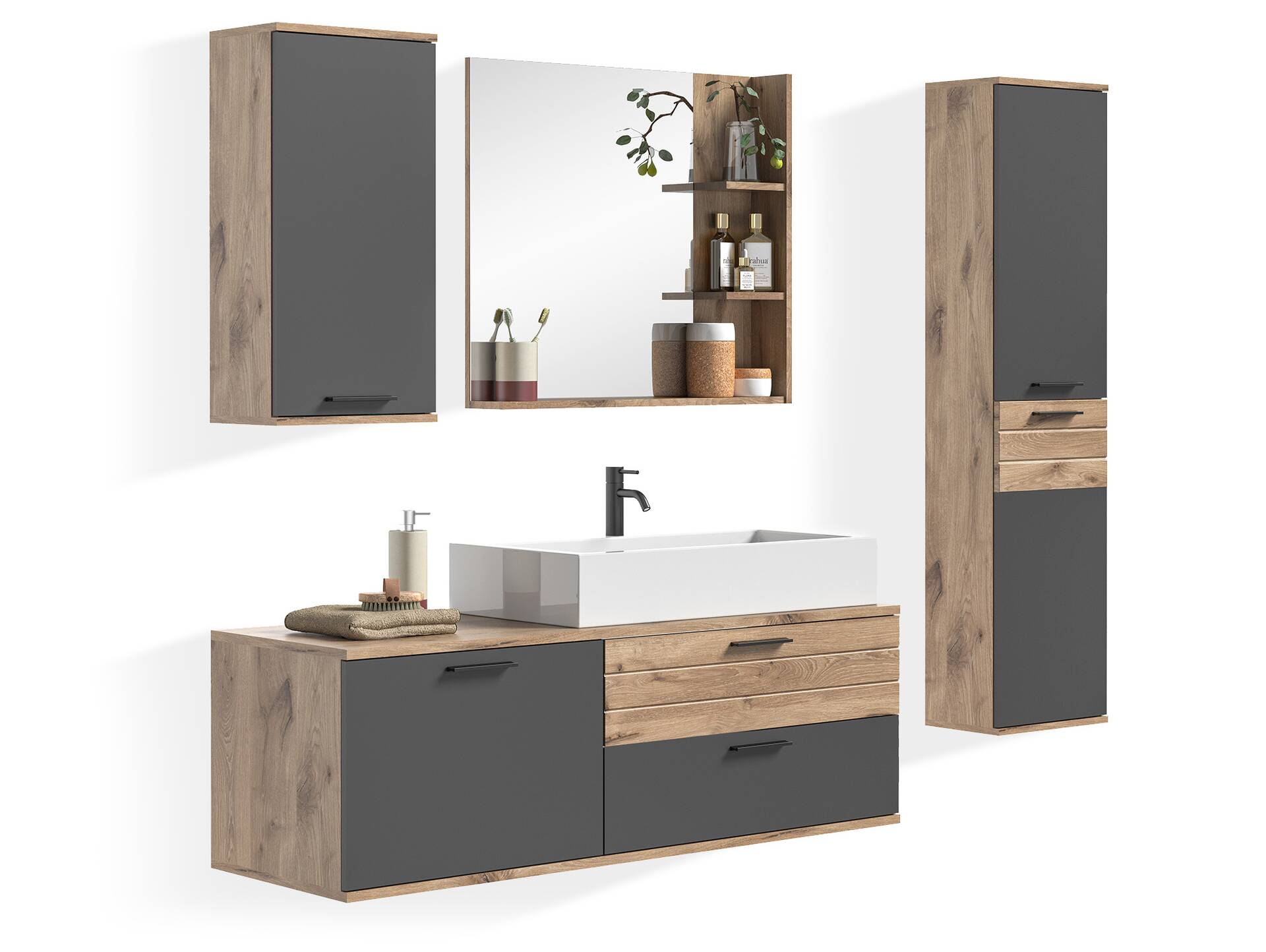 MORANO Badezimmerset II, Material Dekorspanplatte, Nox Oak Nachbildung/Basaltgrau 
