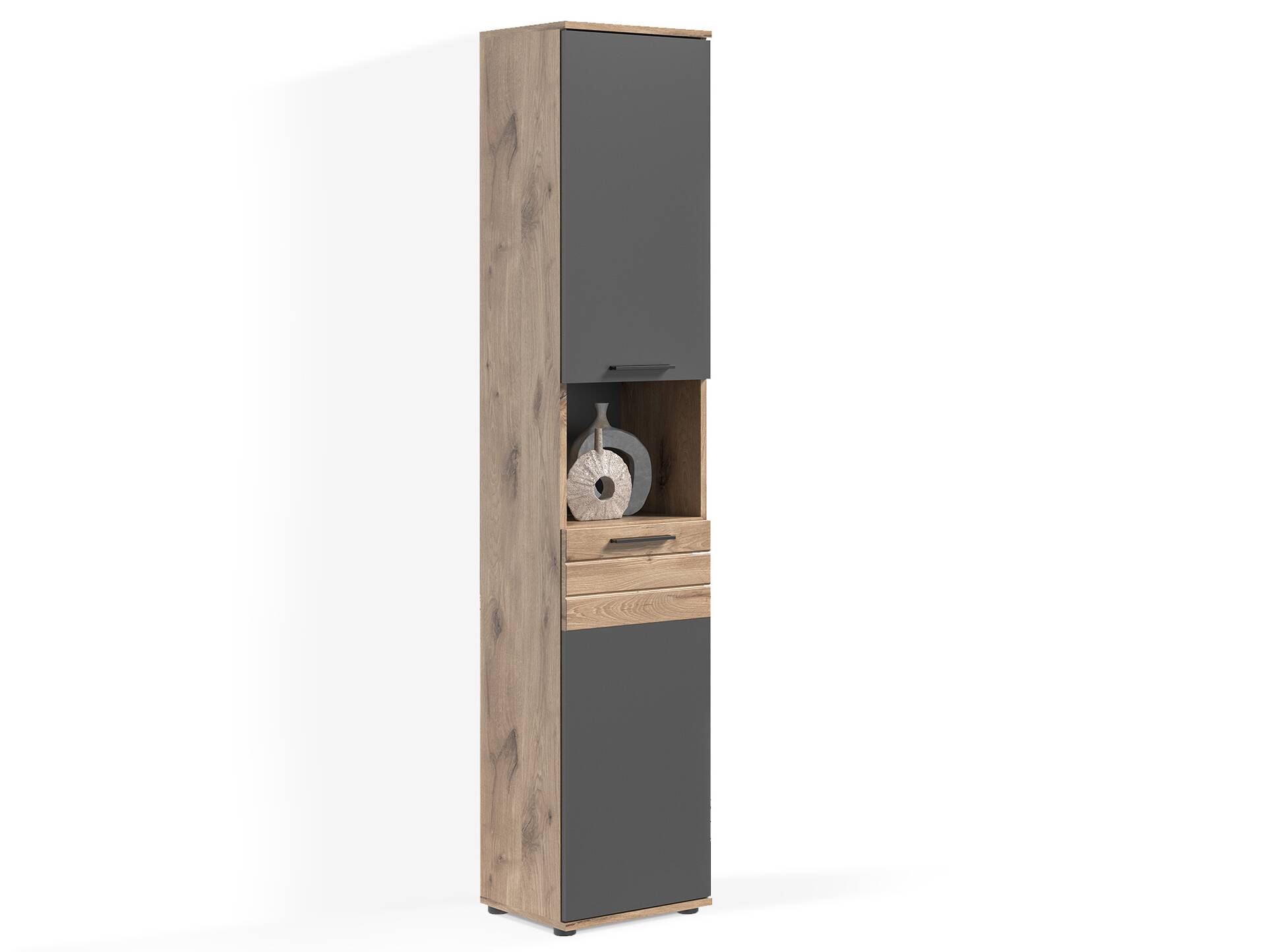 MORANO Hochschrank fürs Badezimmer, Material Dekorspanplatte, Eichefarbig/Grau 