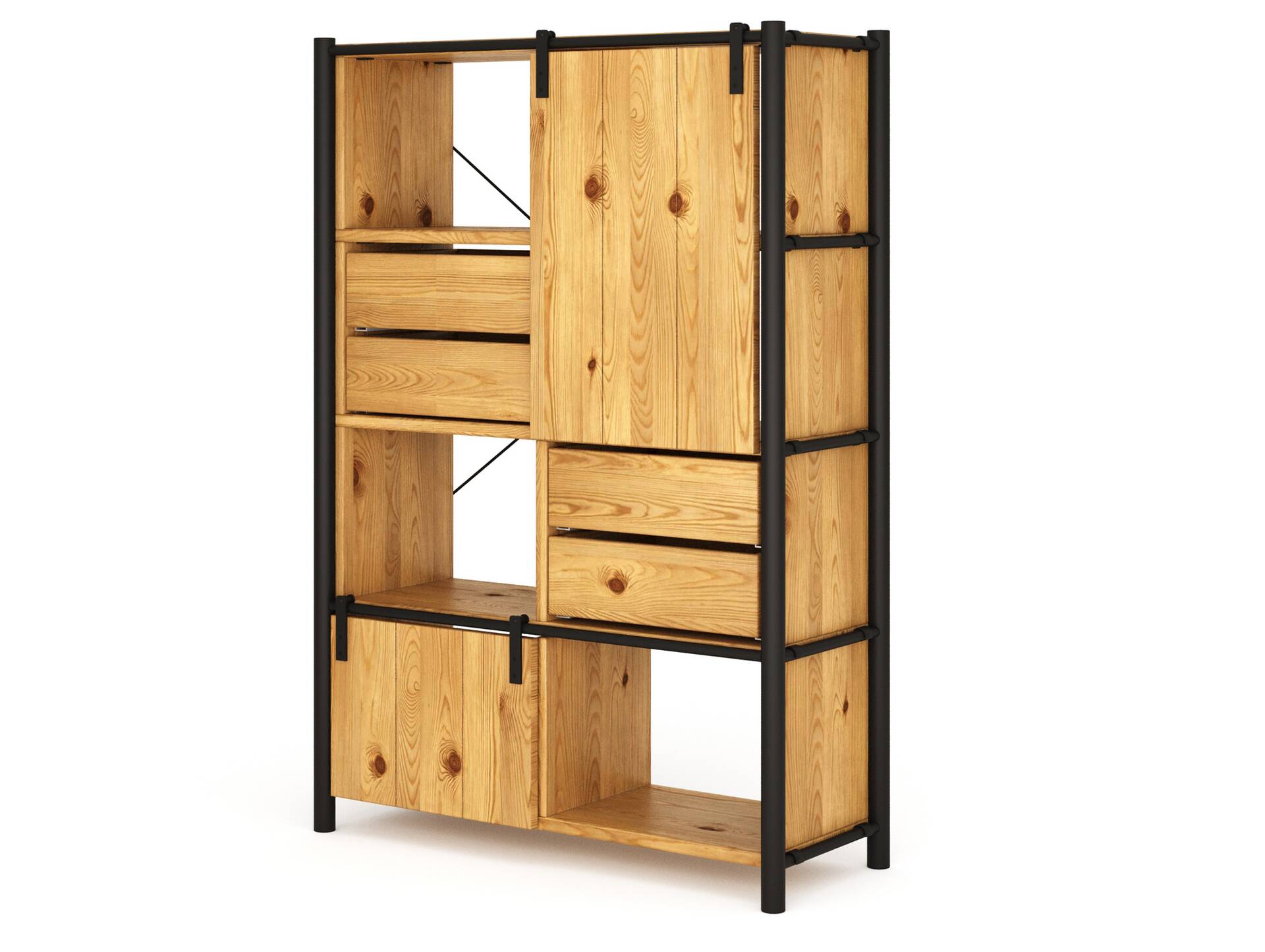 LIVERPOOL 5er Regal-Kombi II, Highboard aus Massivholz Thermo-Fichte, Metall schwarz Natur