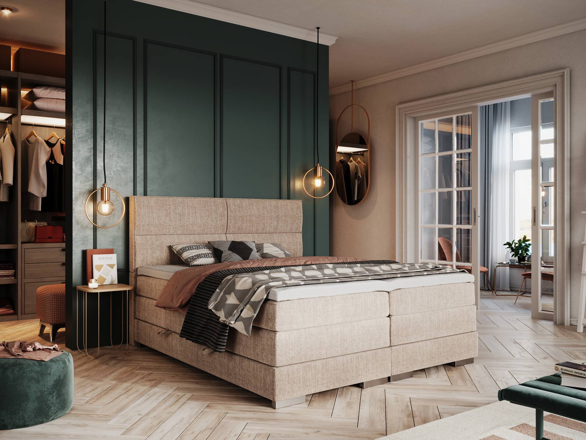 VANILLA Boxspringbett mit Bettkasten, Härtegrad 2/3, Bezug Cordstoff, Cremefarbig 180 x 200 cm