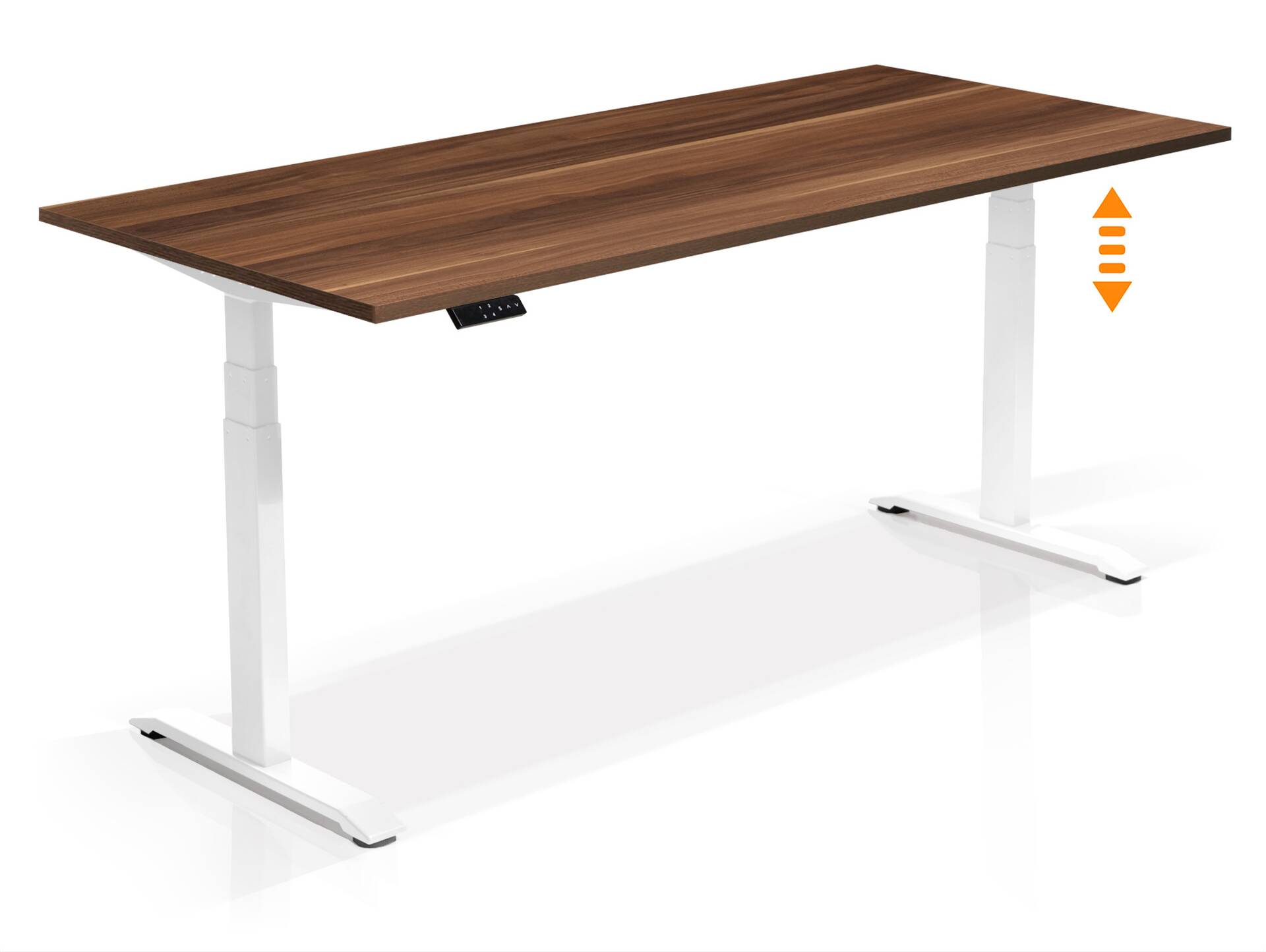 OFFICE ONE elektrisch höhenverstellbarer Schreibtisch / Stehtisch, Material Dekorspanplatte 160 x 80 cm | nussbaumfarbig | weiss