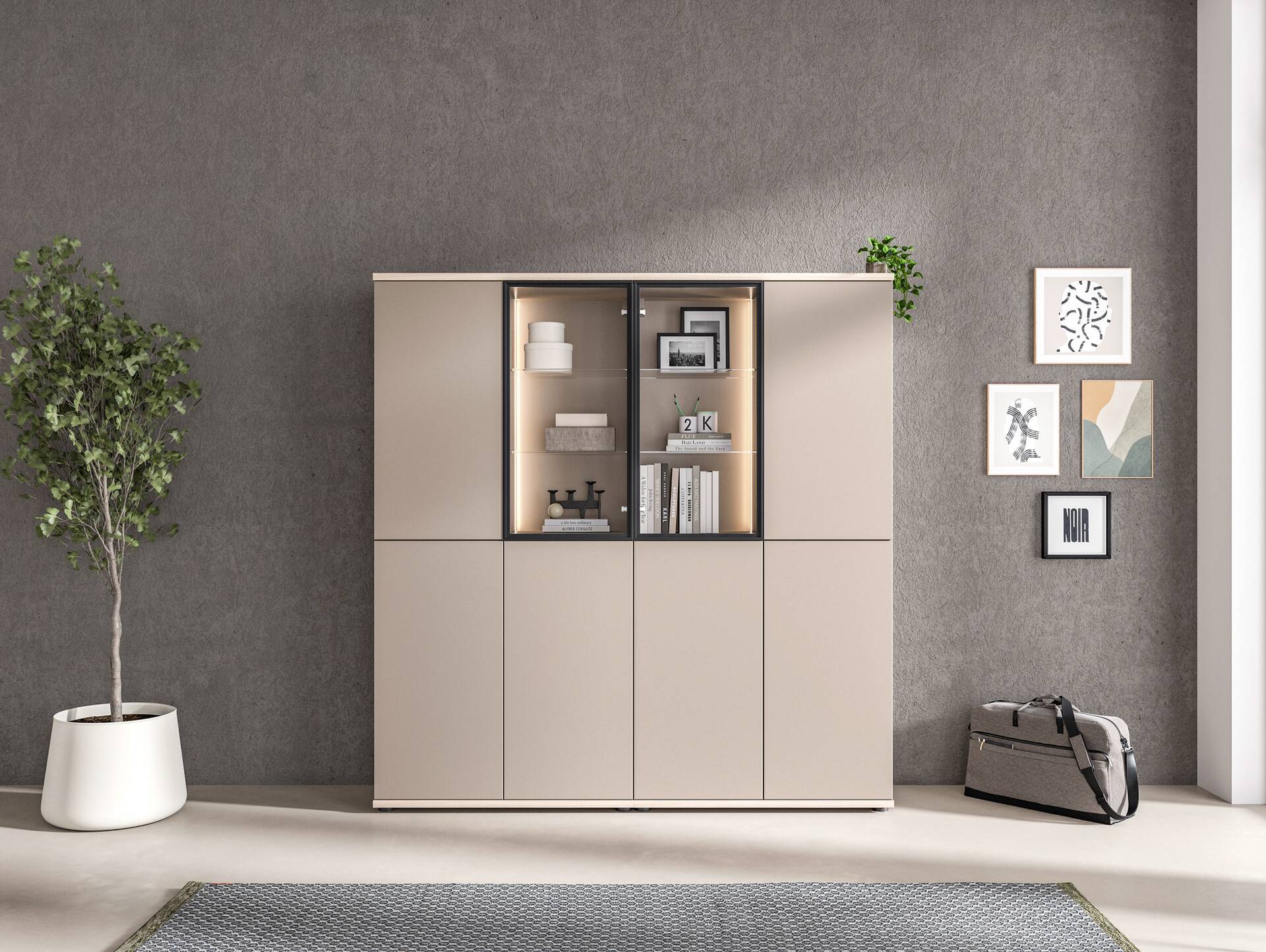 OSLO Highboardkombi, Material Dekorspanplatte Eichefarbig/basalt matt