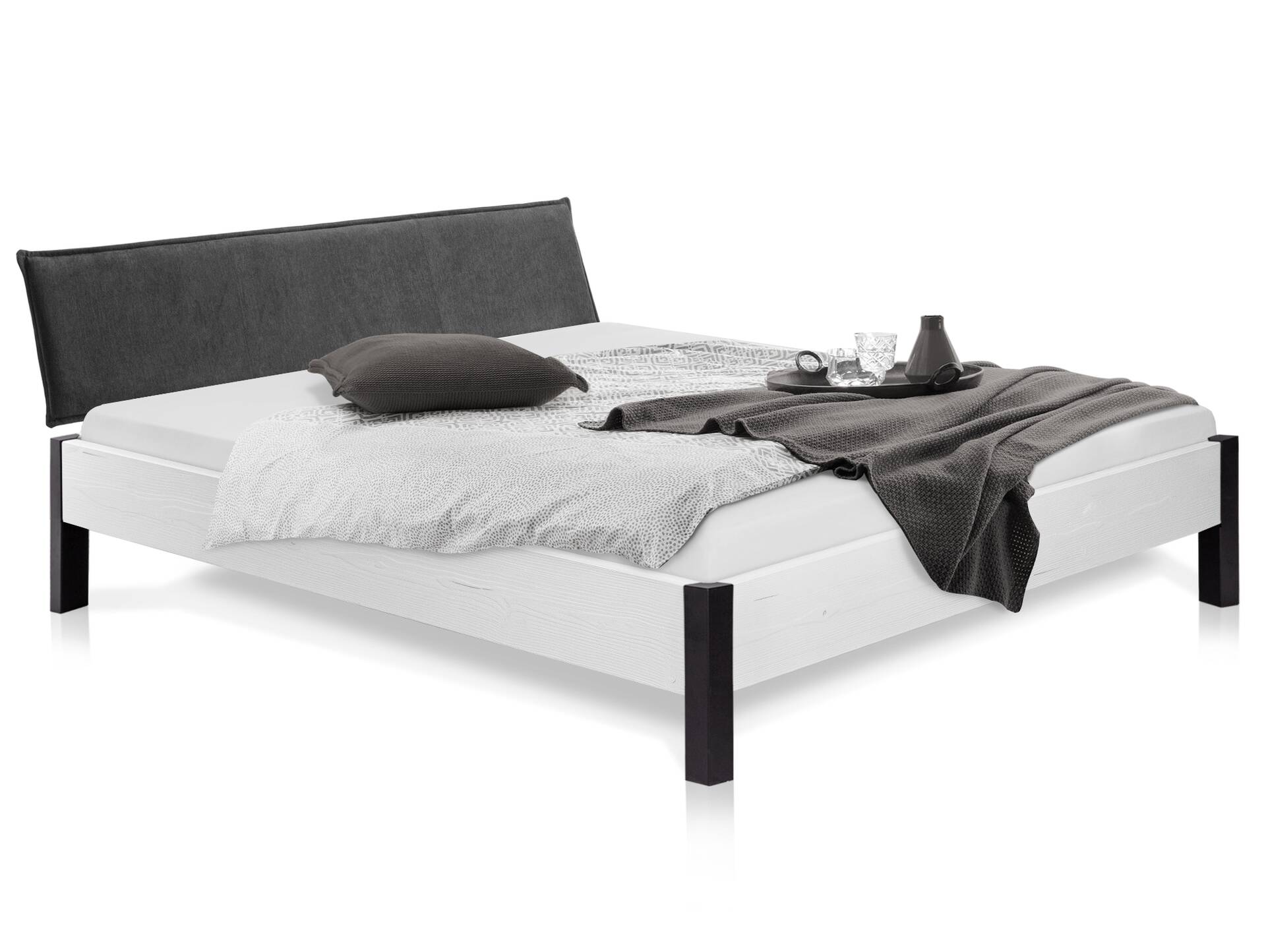 LUKY Bett mit Metallfuß, Material Massivholz, Fichte weiss, mit Polsterkopfteil 90 x 220 cm | Stoff Anthrazit