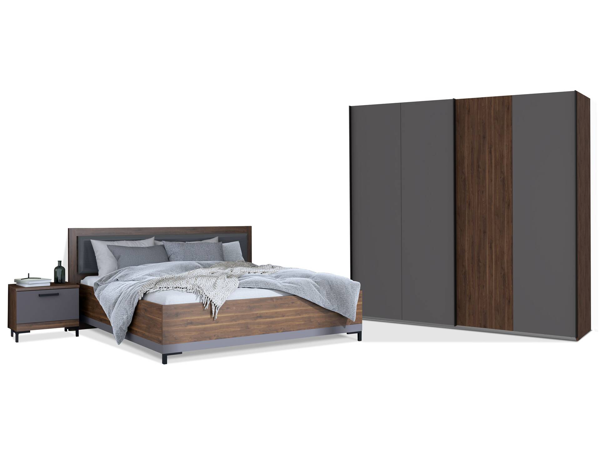 QUERRY Komplettschlafzimmer, Material Dekorspanplatte, walnussfarbig/grau 