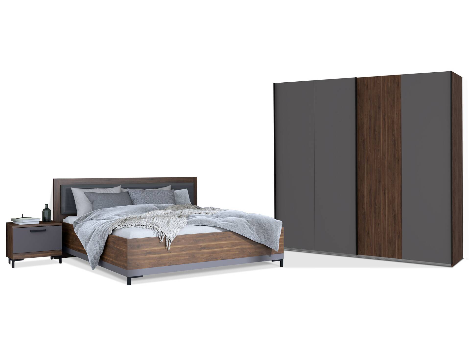QUERRY Komplettschlafzimmer, Material Dekorspanplatte, walnussfarbig/grau 160 cm | 270 cm