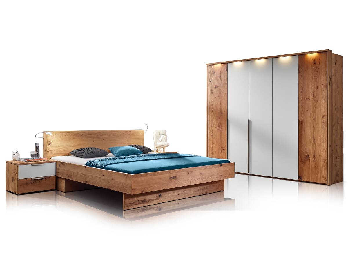 RIVERA Komplett Schlafzimmer, Material Echtholzfurniert, Alteiche biancofarben/weiss Glas 