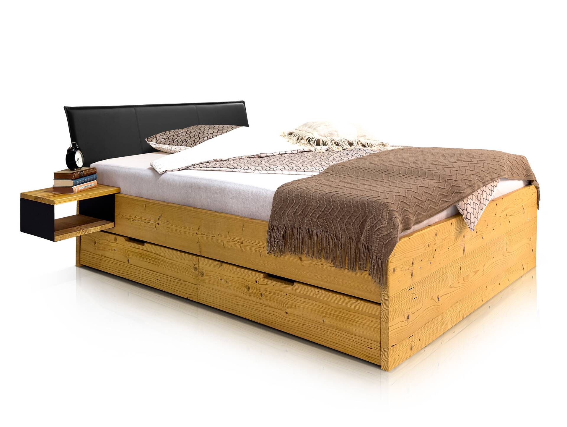 CHICO Stauraumbett mit Polsterkopfteil, Material Massivholz, rustikale Altholzoptik, Fichte 90 x 200 cm | natur | einseitig (2x Schubkasten) | Kunstleder Schwarz