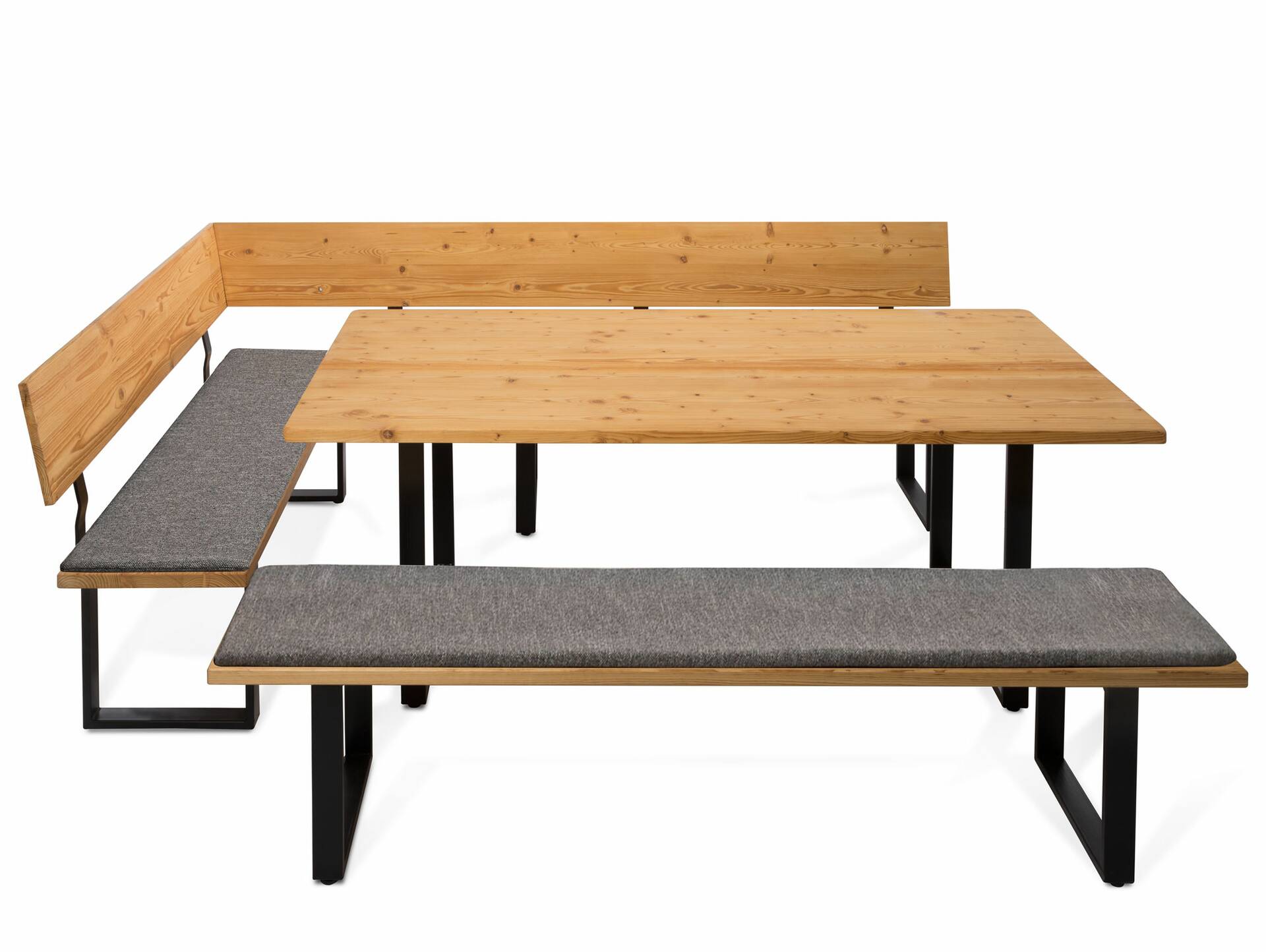CURBY Essgruppe, rustikale Altholzoptik, Material Massivholz, Fichte gebürstet 167 x 256 cm | natur | inklusive Sitzkissen grau