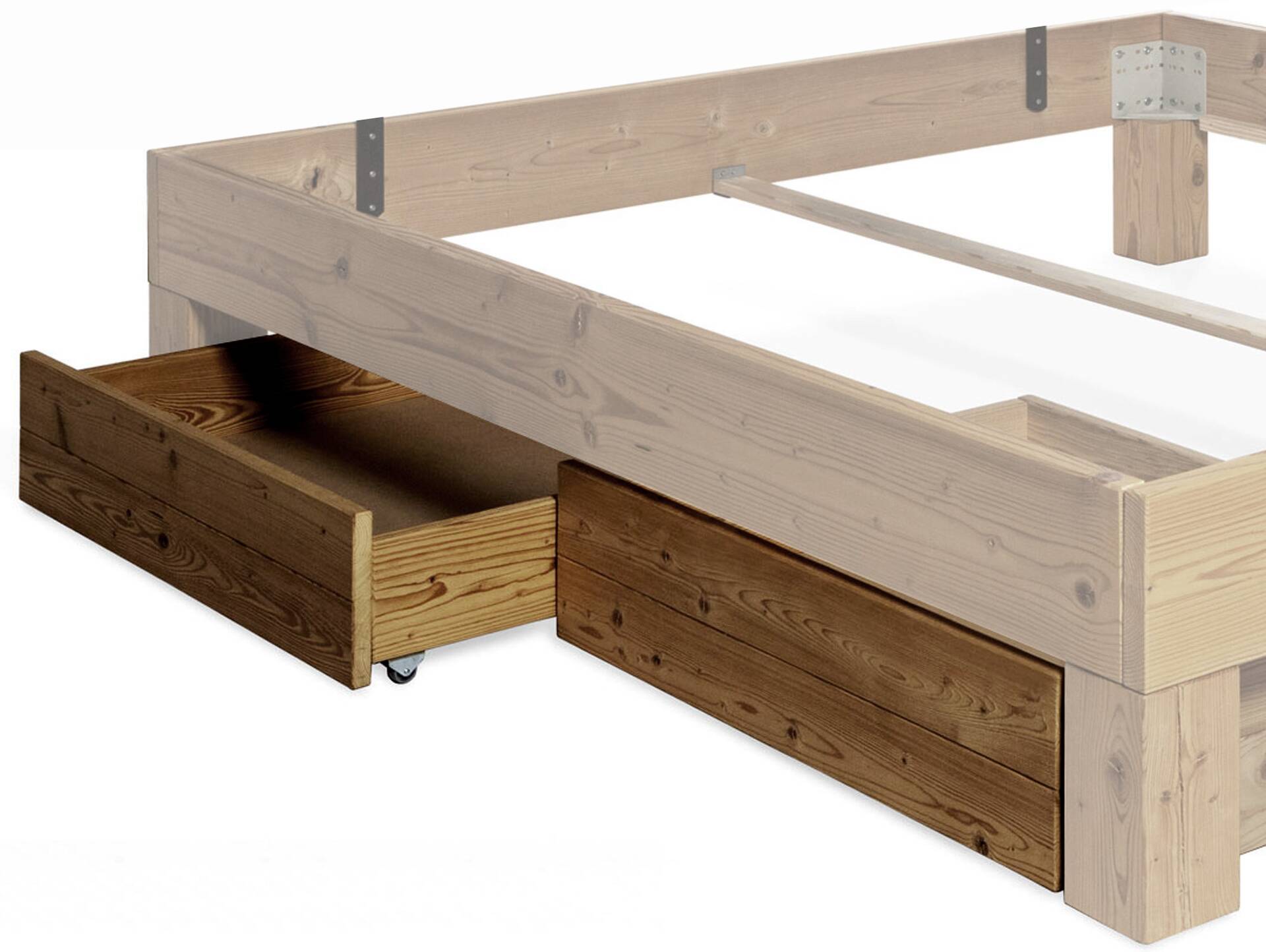 CURBY 2er Set Bettschubladen für 4-Fuß-Bett | Material Massivholz, Thermo-Fichte, VINTAGE 