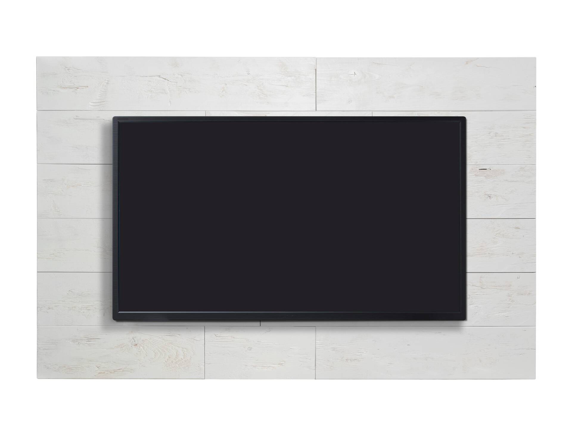 TV-Wand, Fichte gehackt, Material Massivholz, rustikale Optik, weiß lackiert 