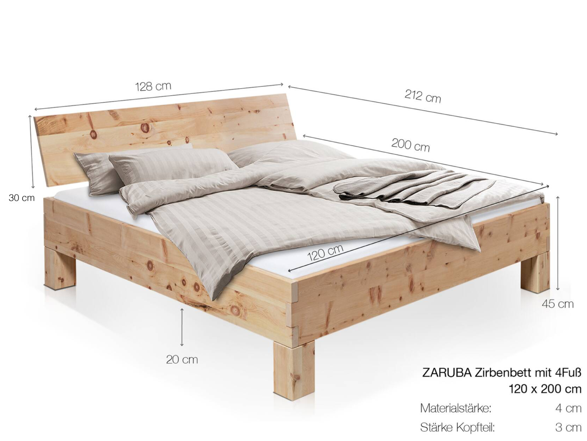 ZARUBA 4-Fuß-Zirbenbett mit Kopfteil, Material Massivholz 120 x 200 cm | Standardhöhe