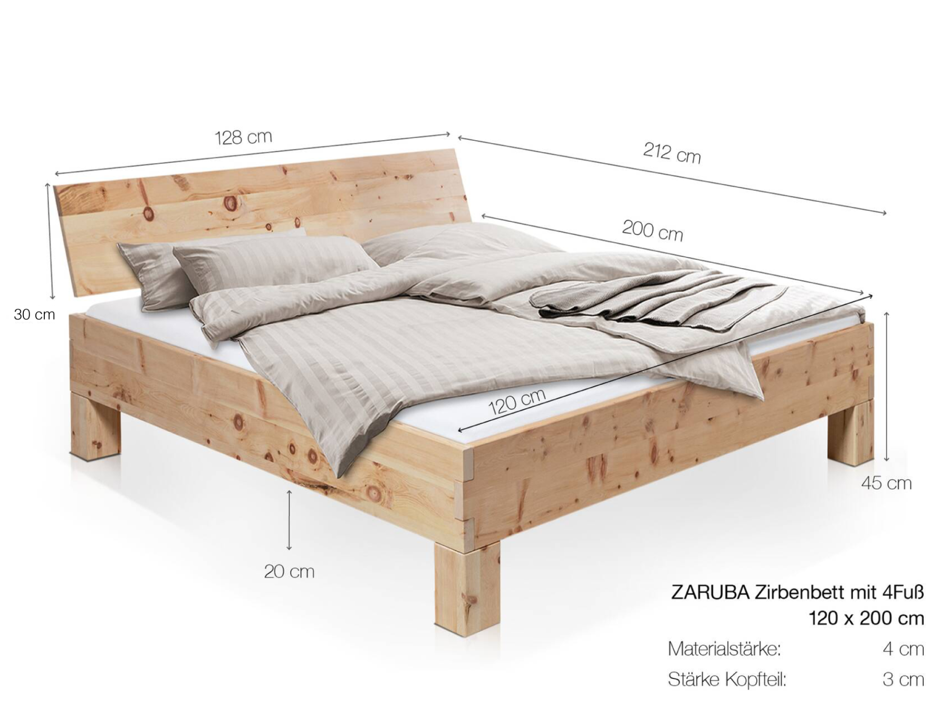 ZARUBA Zirbenbett mit 4-Fuß, Material Massivholz, Zirbe unbehandelt, mit/ohne Kopfteil 120 x 200 cm | Standardhöhe | mit Kopfteil