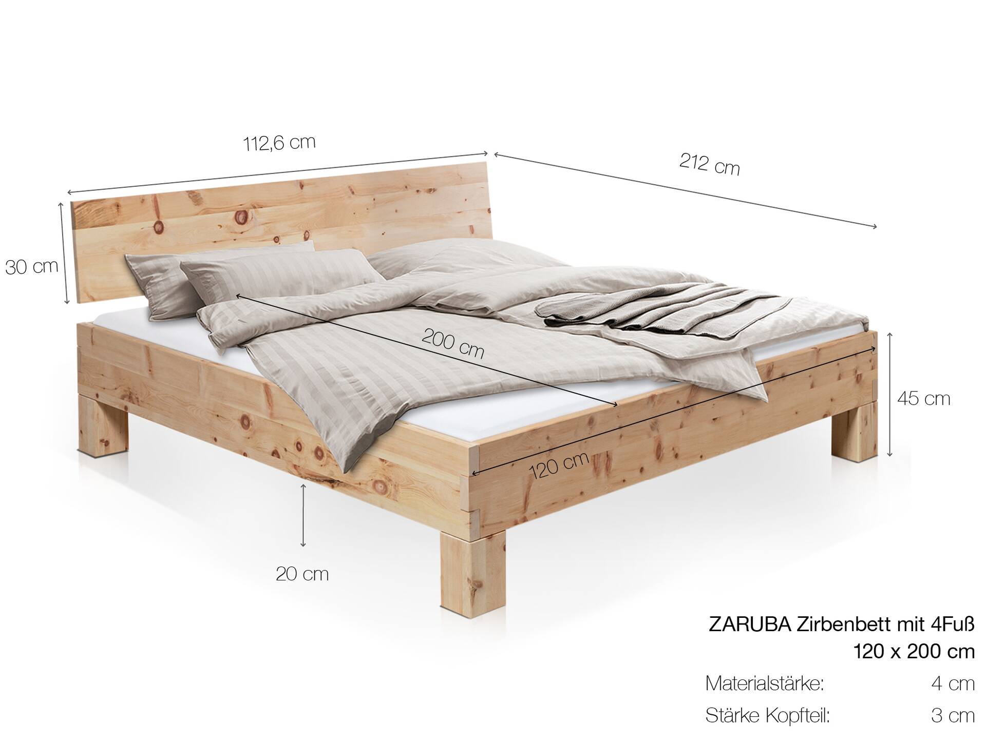 ZARUBA 4-Fuß-Zirbenbett mit Kopfteil, Material Massivholz 120 x 200 cm | Standardhöhe