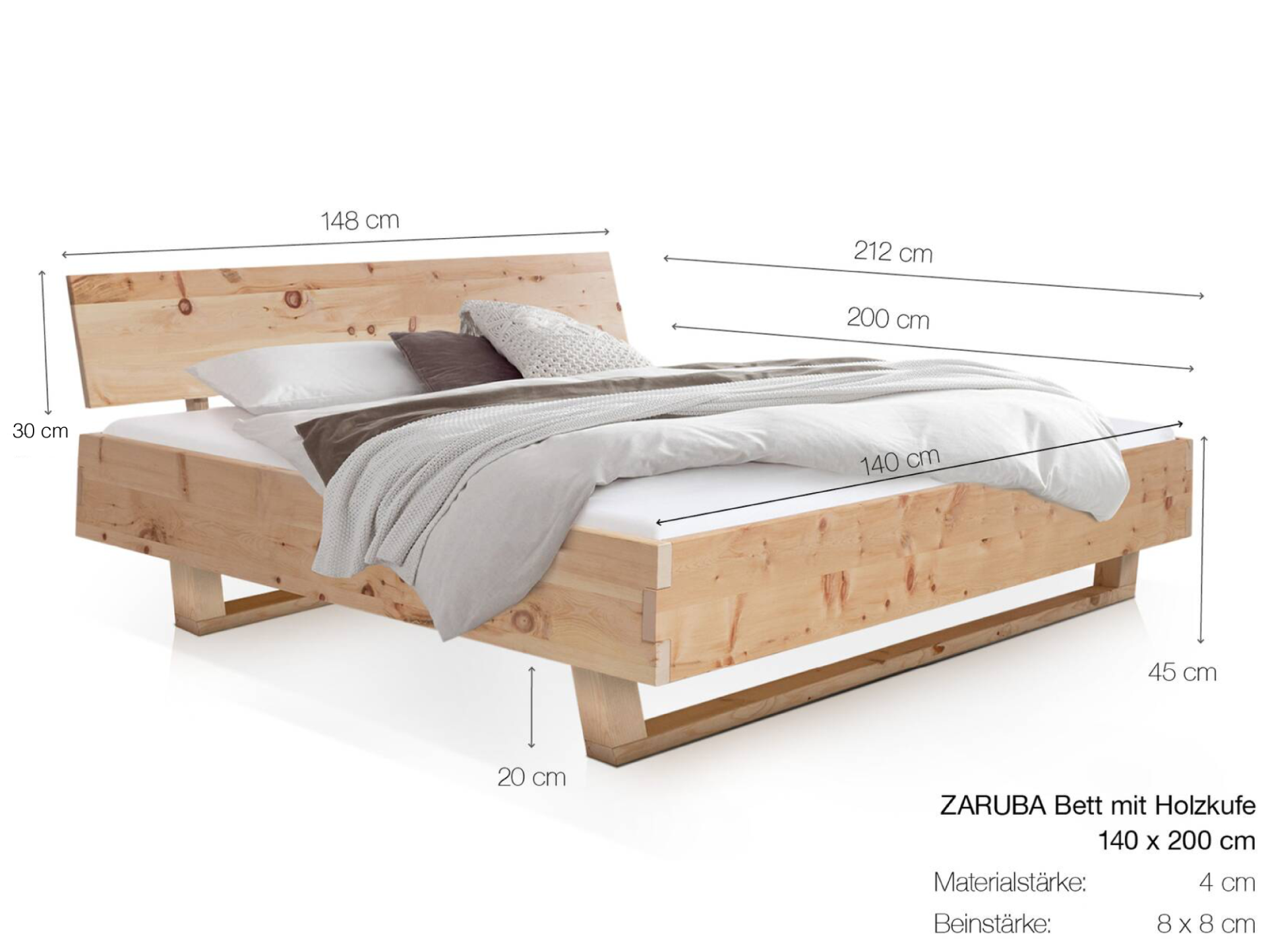 ZARUBA Holz-Kufenbett aus Zirbe, Material Massivholz, mit Kopfteil 140 x 200 cm