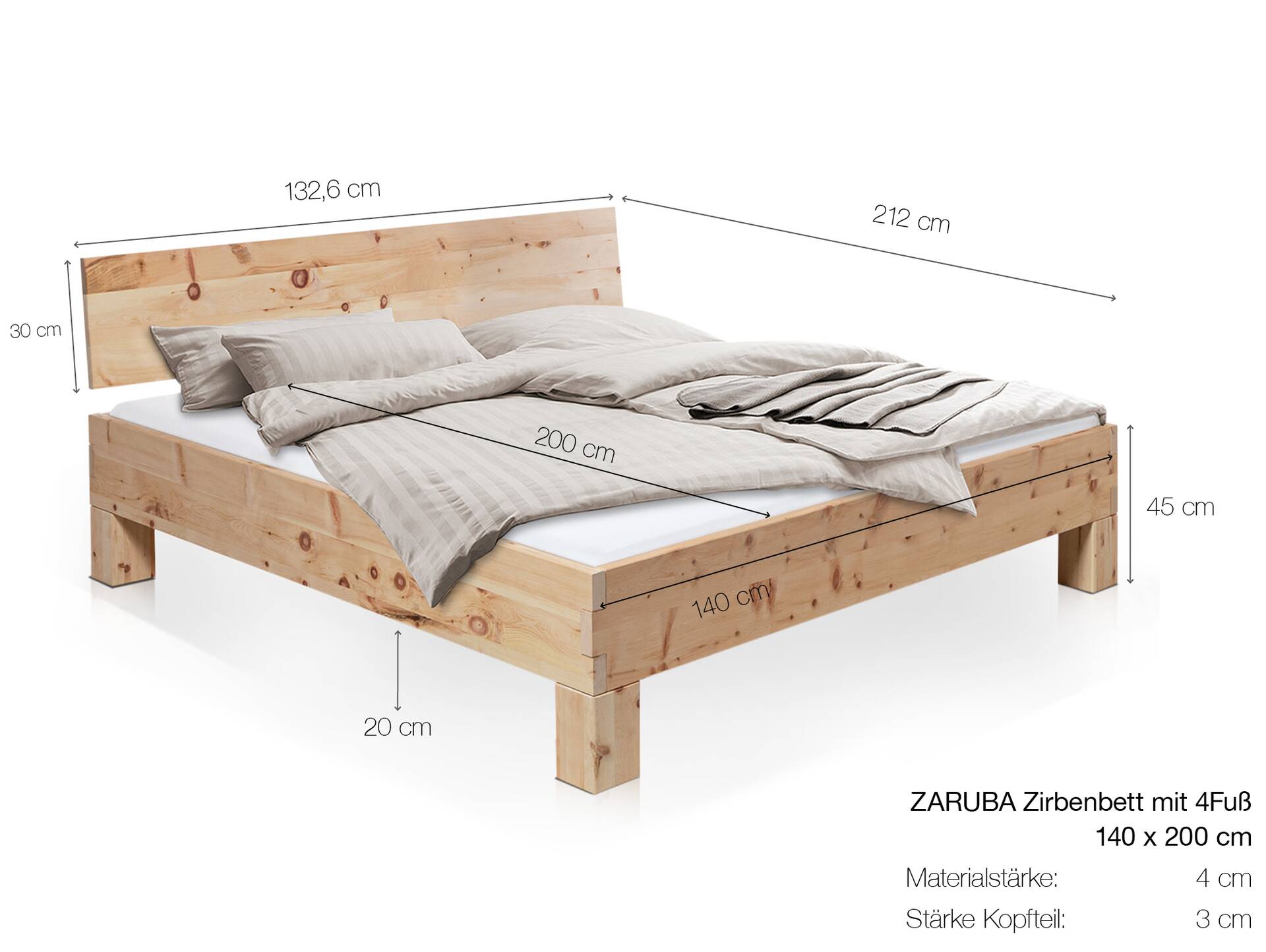 ZARUBA 4-Fuß-Zirbenbett mit Kopfteil, Material Massivholz 140 x 200 cm | Standardhöhe