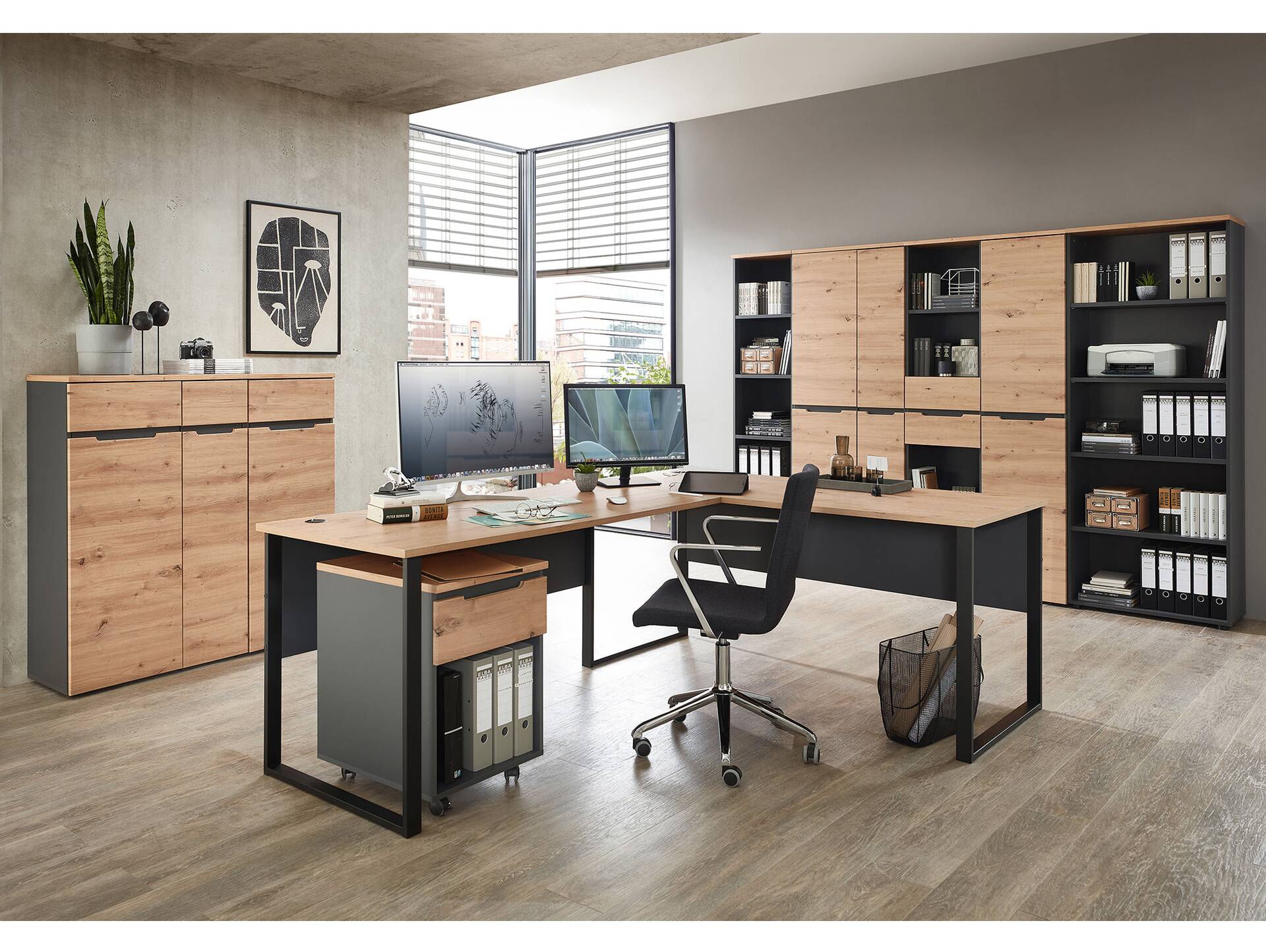 MAILAND Komplettbüro, Material Dekorspanplatte Artisan Eichefarbig / Graphit