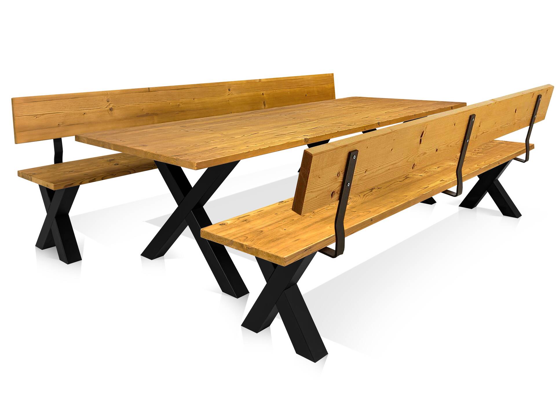 ALABAMA Sitzbank mit X-Beinen, Altholzoptik, Material Massivholz, THERMO-Fichte lackiert 260 cm | mit Rückenlehne | natur
