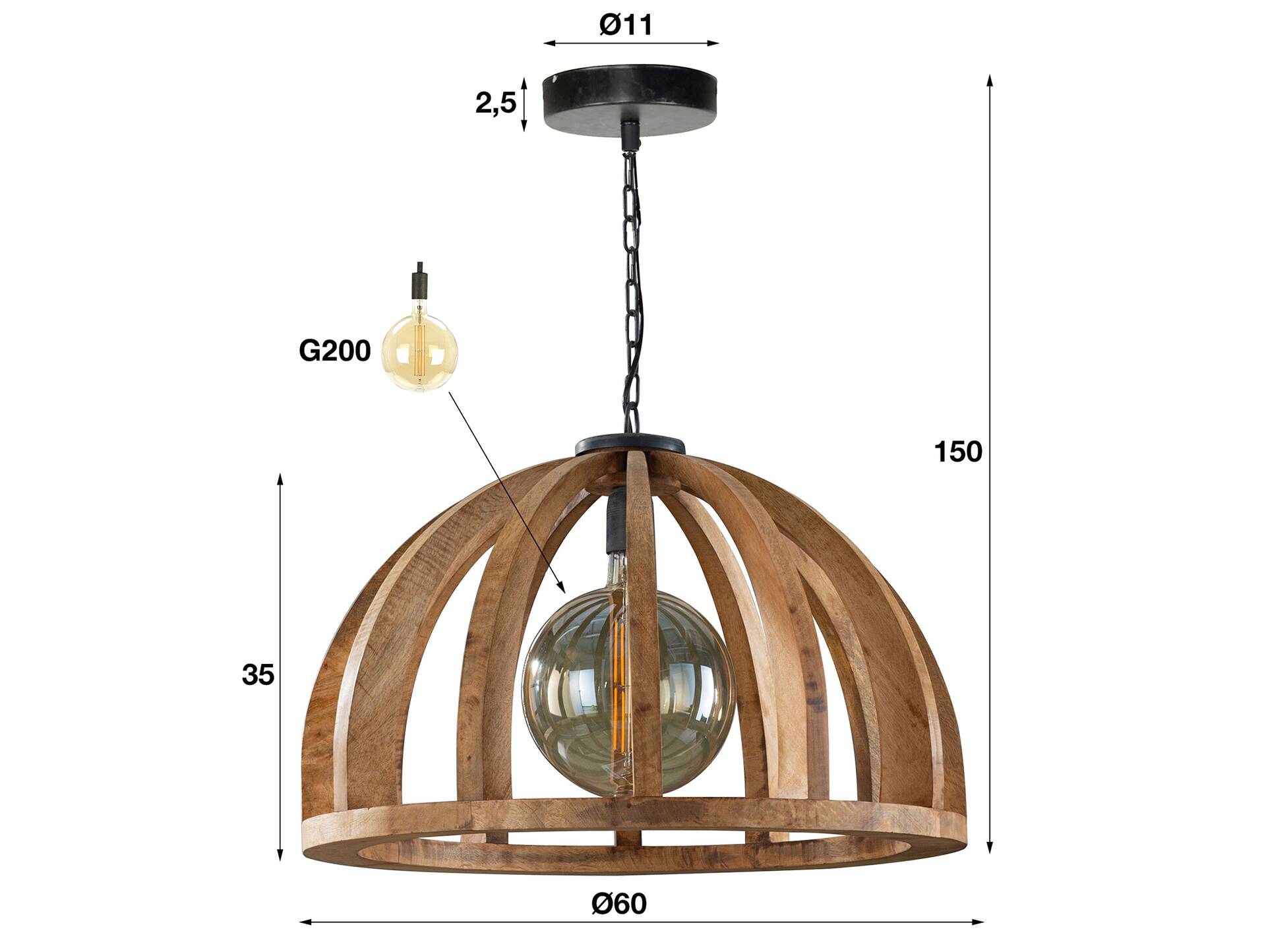 BALAIKA Hängelampe, 1-flammig, Material Massivholz, Mango 