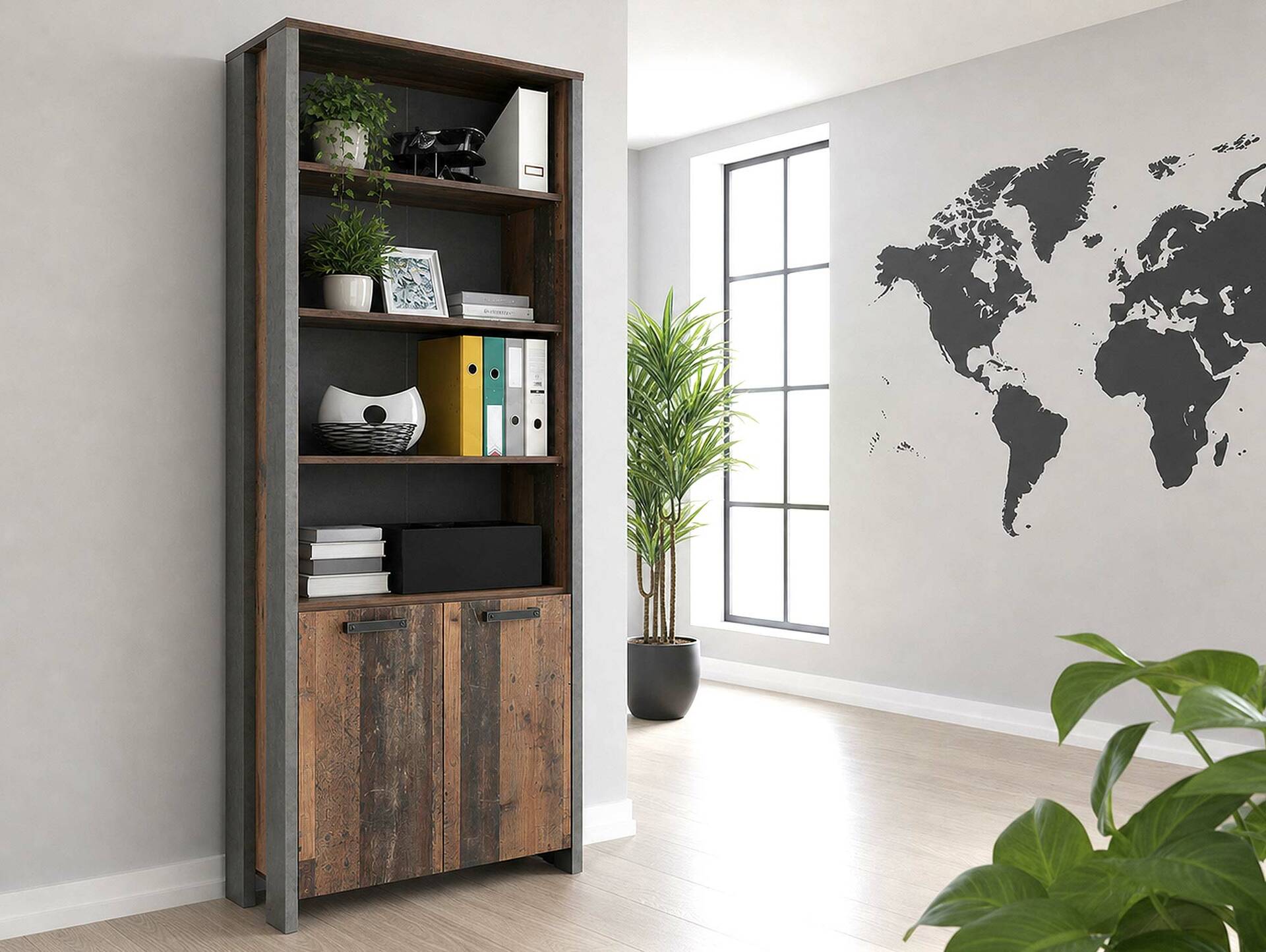 CASSIA Büroschrank 2 Türen, Material Dekorspanplatte, Old Wood Vintage/betonfarbig 