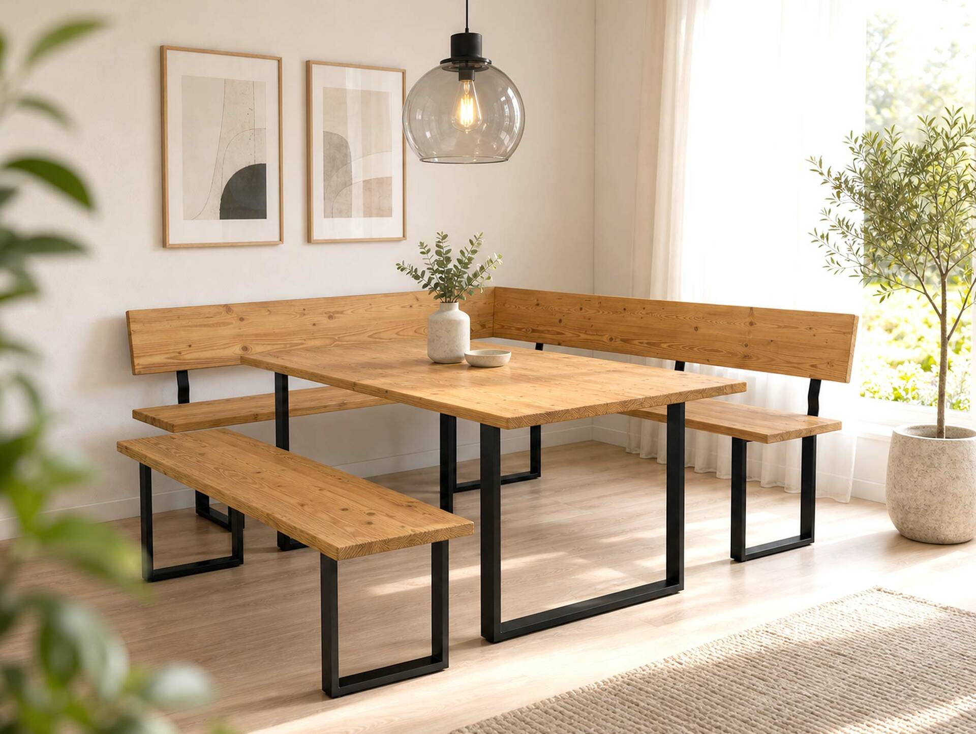 CURBY Eckbank, rustikale Altholzoptik, Material Massivholz, Fichte gebürstet 167 x 288 cm | natur | ohne Sitzkissen