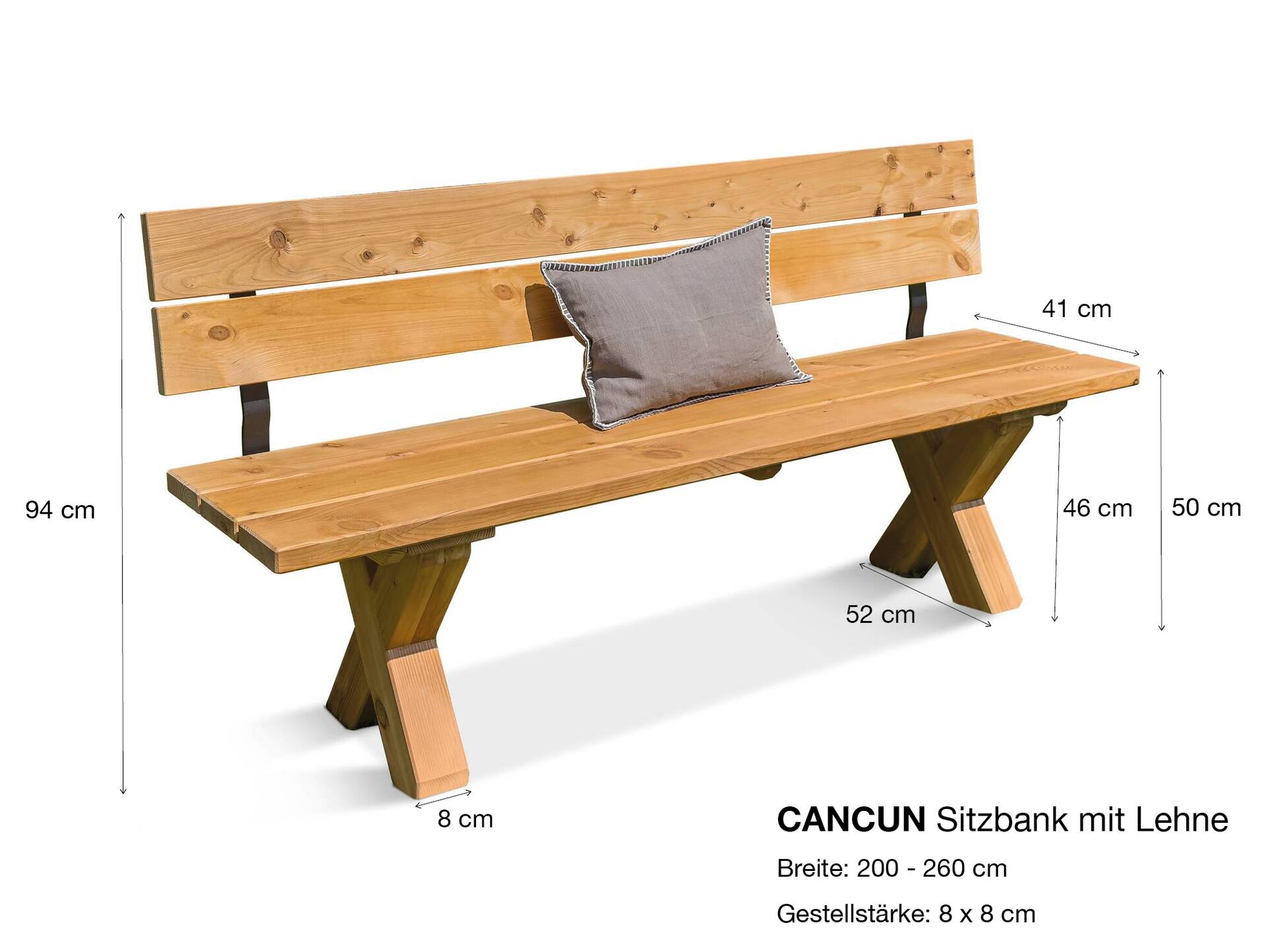 CANCUN Sitzbank / Gartenbank mit X-Beinen, Material Massivholz, Lärche natur 260 cm | mit Rückenlehne