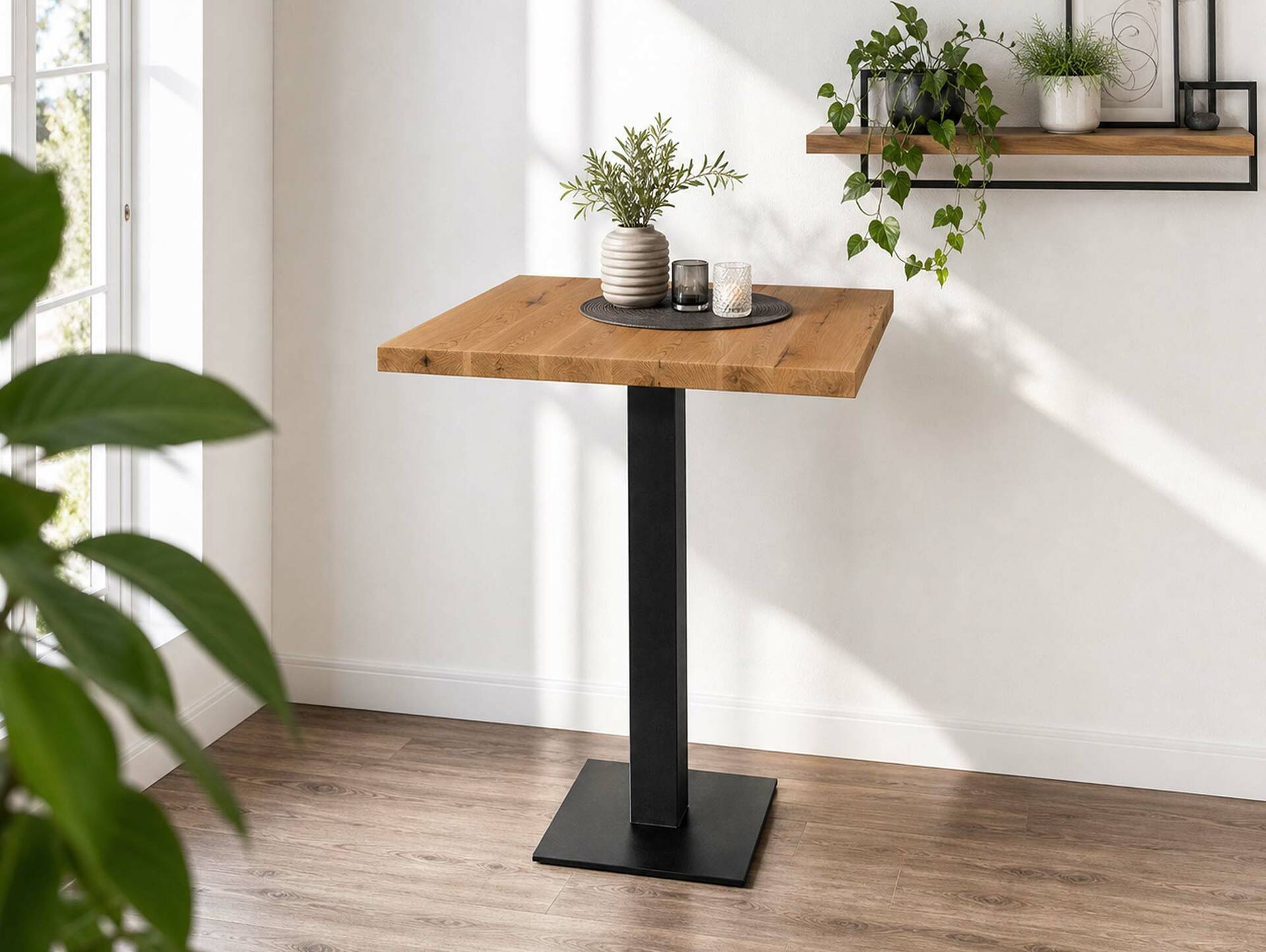 GASTRO Bartisch, Material Massivholz/Metall, Eiche lackiert 90 x 90 cm