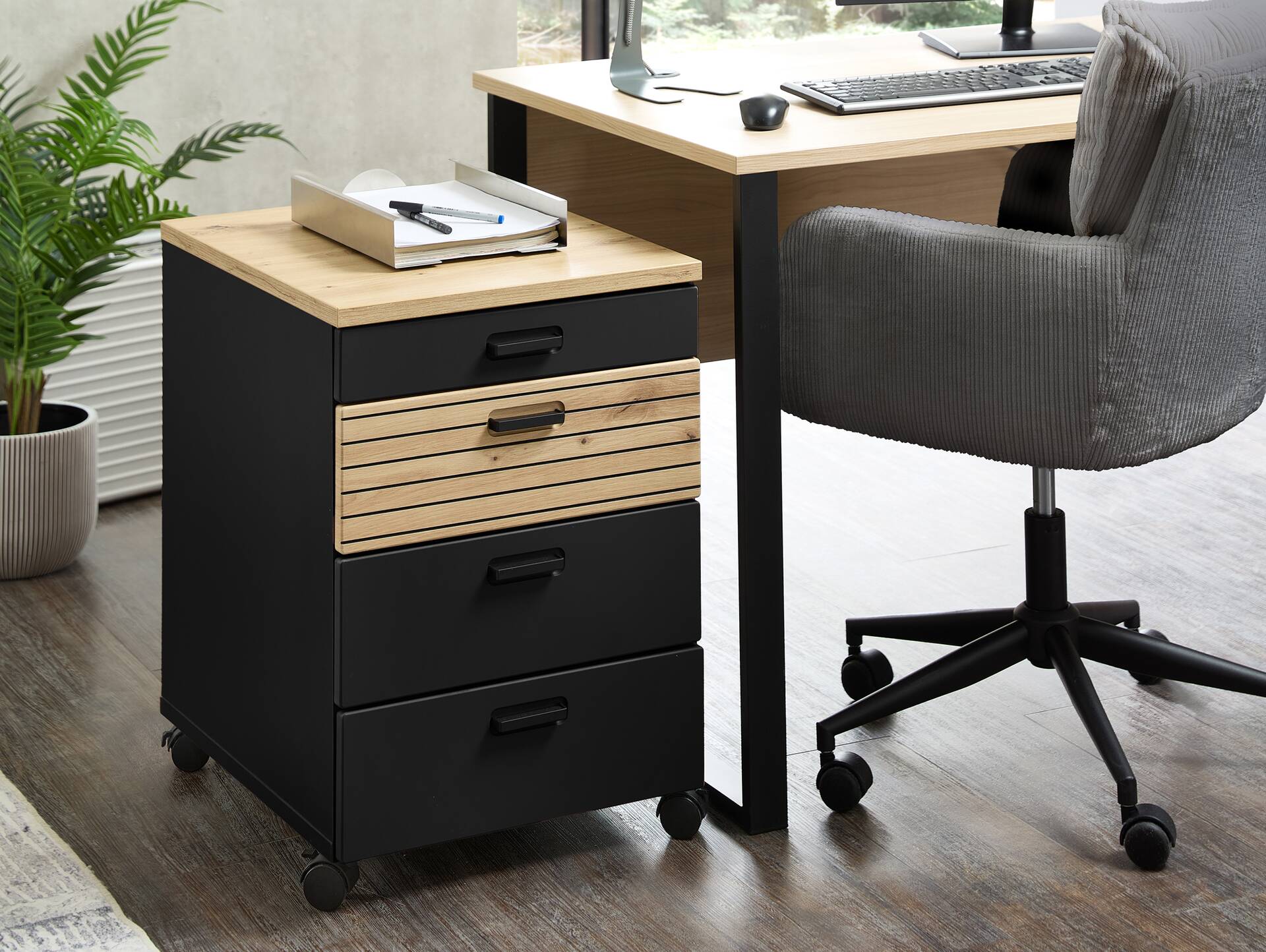 GENNY Rollcontainer, Material Dekorspanplatte Schwarz / Artisan Eichefarbig