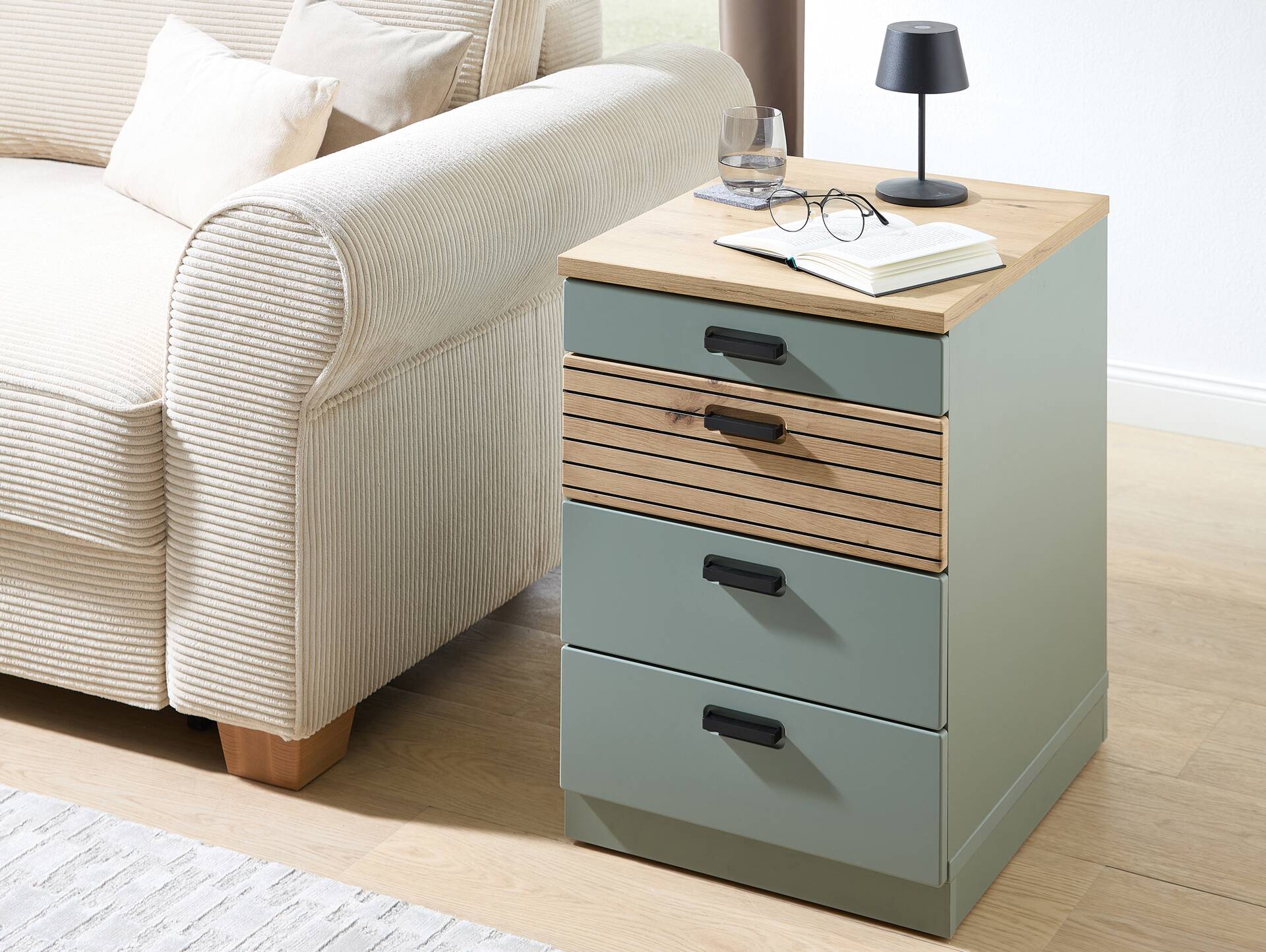 GENNY Rollcontainer, Material Dekorspanplatte Schilfgrün / Artisan Eichefarbig