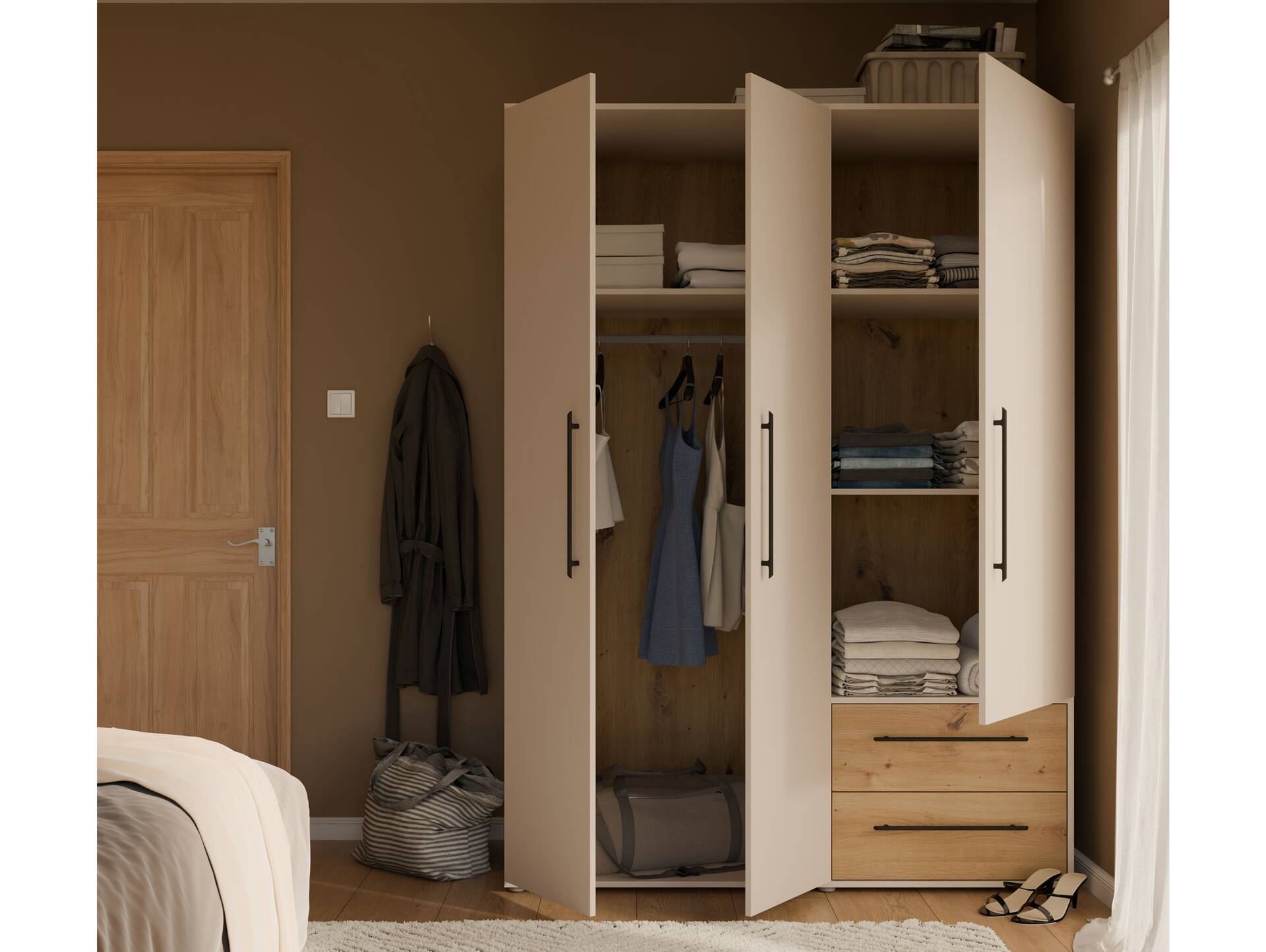 MANIKO Kleiderschrank, Material Dekorspanplatte 3-türig | sand / Artisan eichefarbig