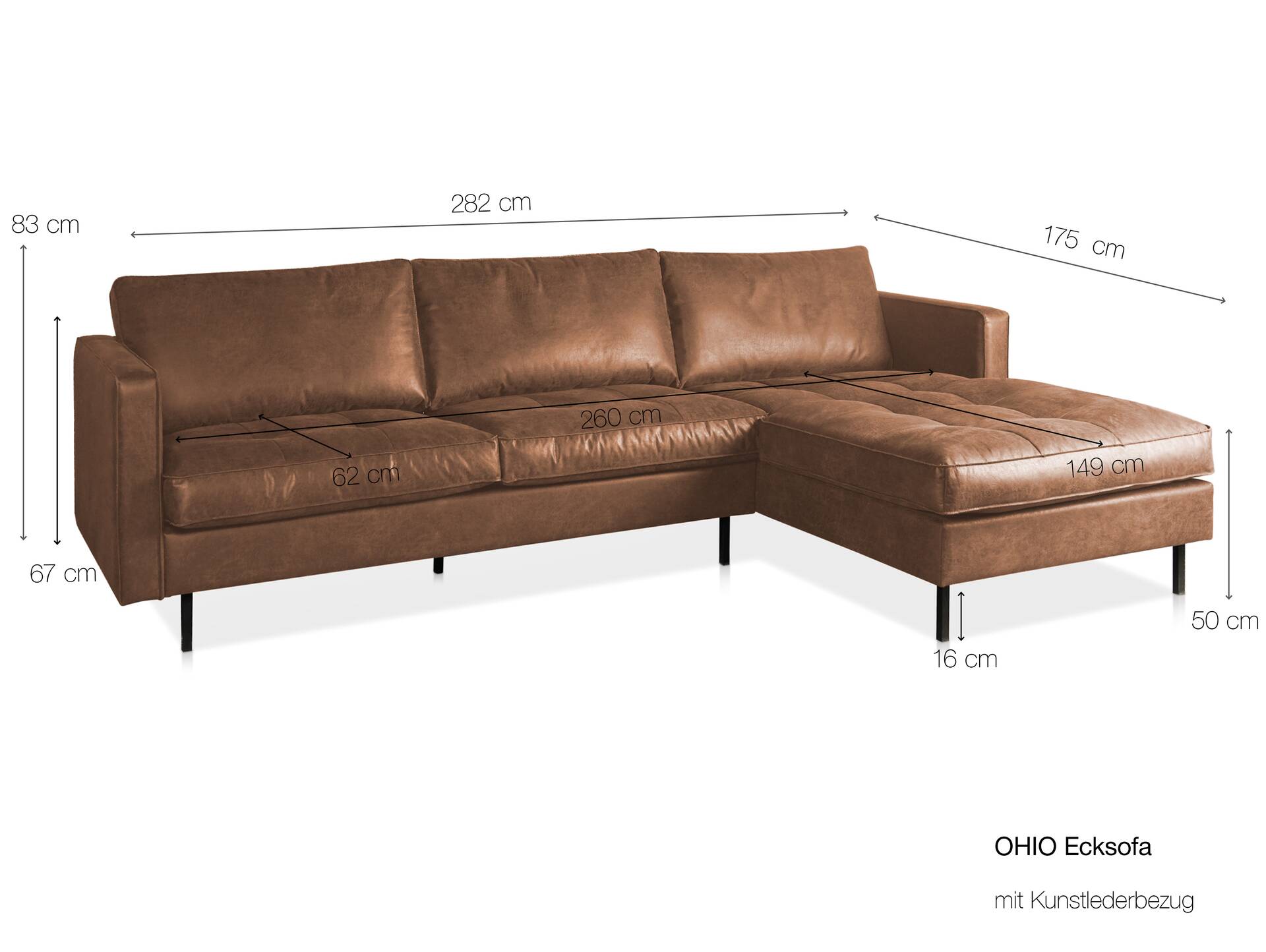 OHIO Ecksofa, Bezug Kunstleder, Füße Metall schwarz braun | rechts