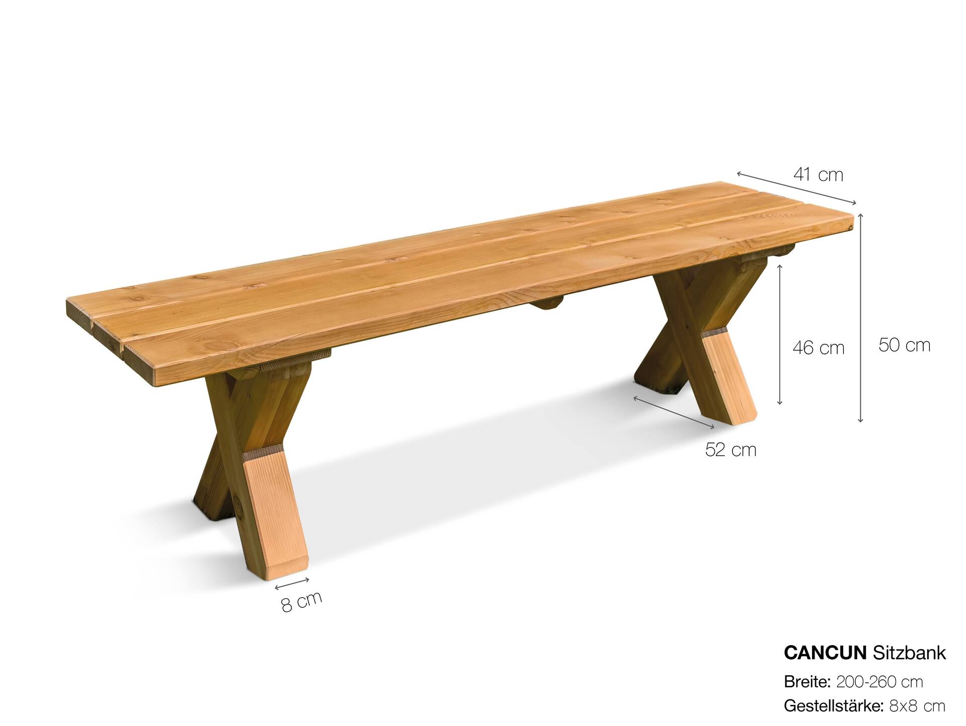 CANCUN Sitzbank / Gartenbank mit X-Beinen, Material Massivholz, Lärche natur 220 cm | ohne Rückenlehne