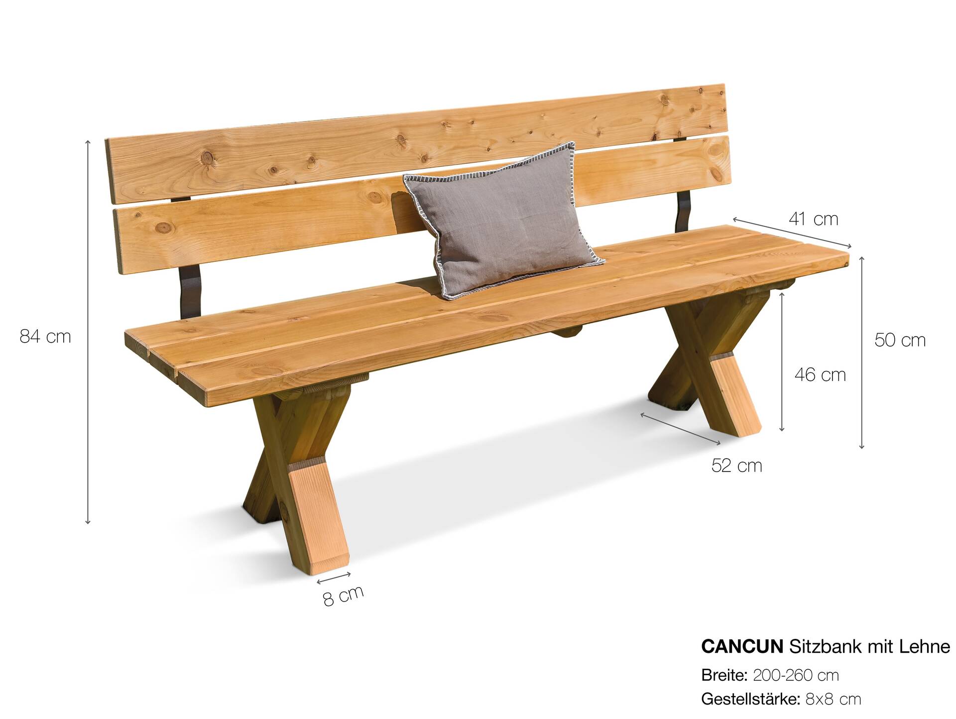 CANCUN Sitzbank / Gartenbank mit X-Beinen, Material Massivholz, Lärche natur 220 cm | mit Rückenlehne